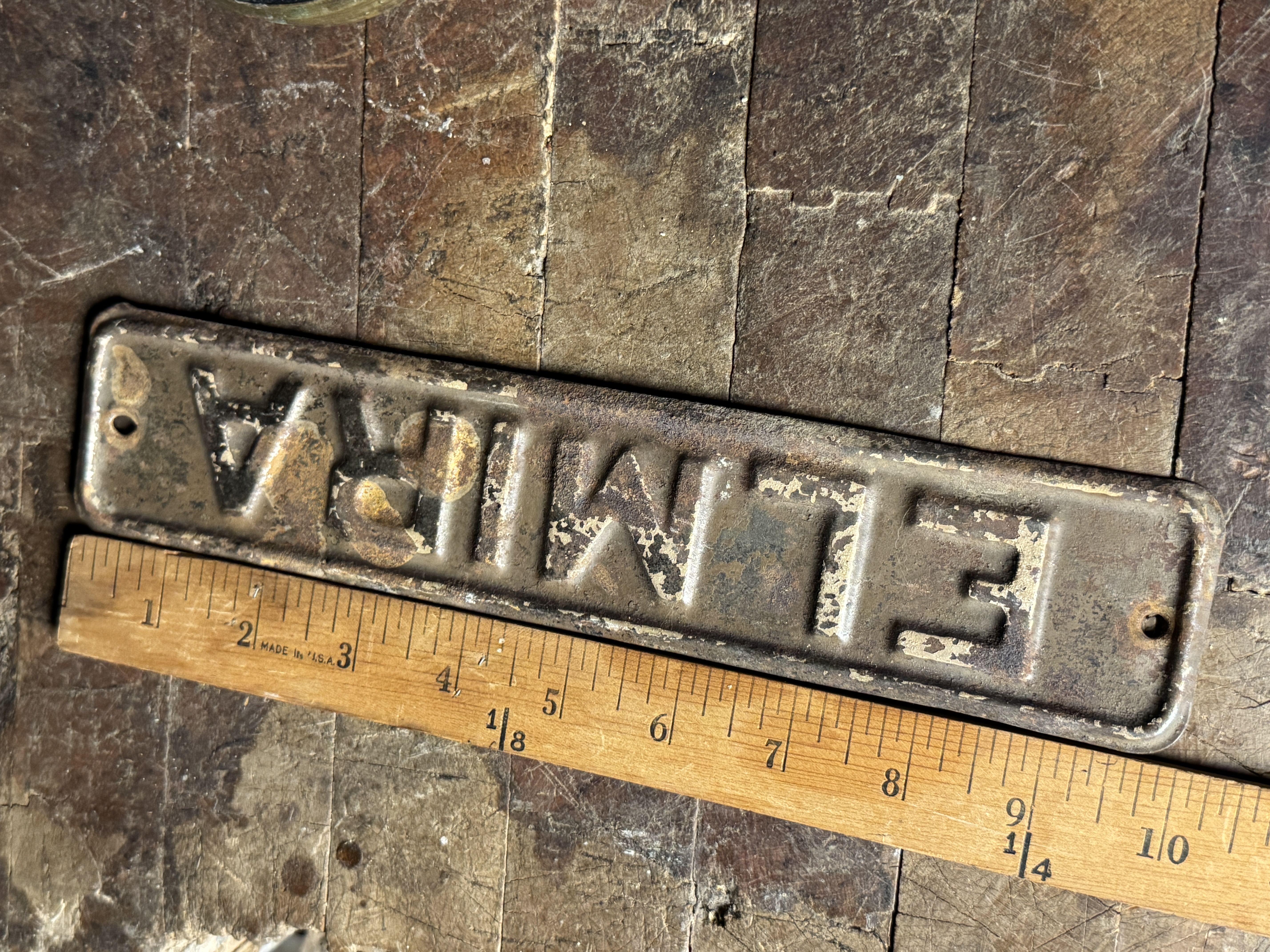 Vintage Embossed Metal Elmira Nameplate Sign