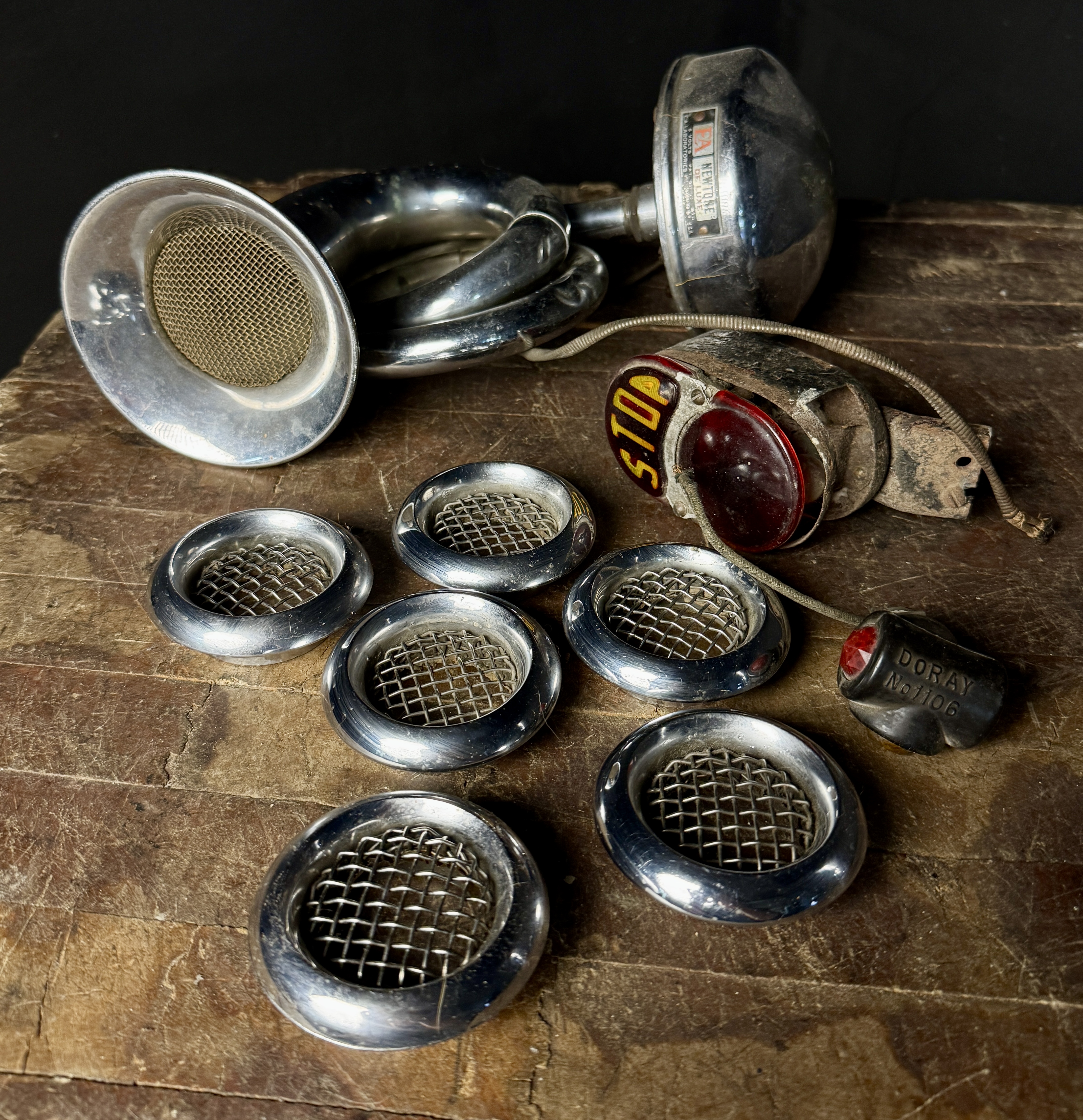 Collection of Vintage Automotive Accessories including E.A. Laboratories Horn Do-Ray Marker Light and AC Vents