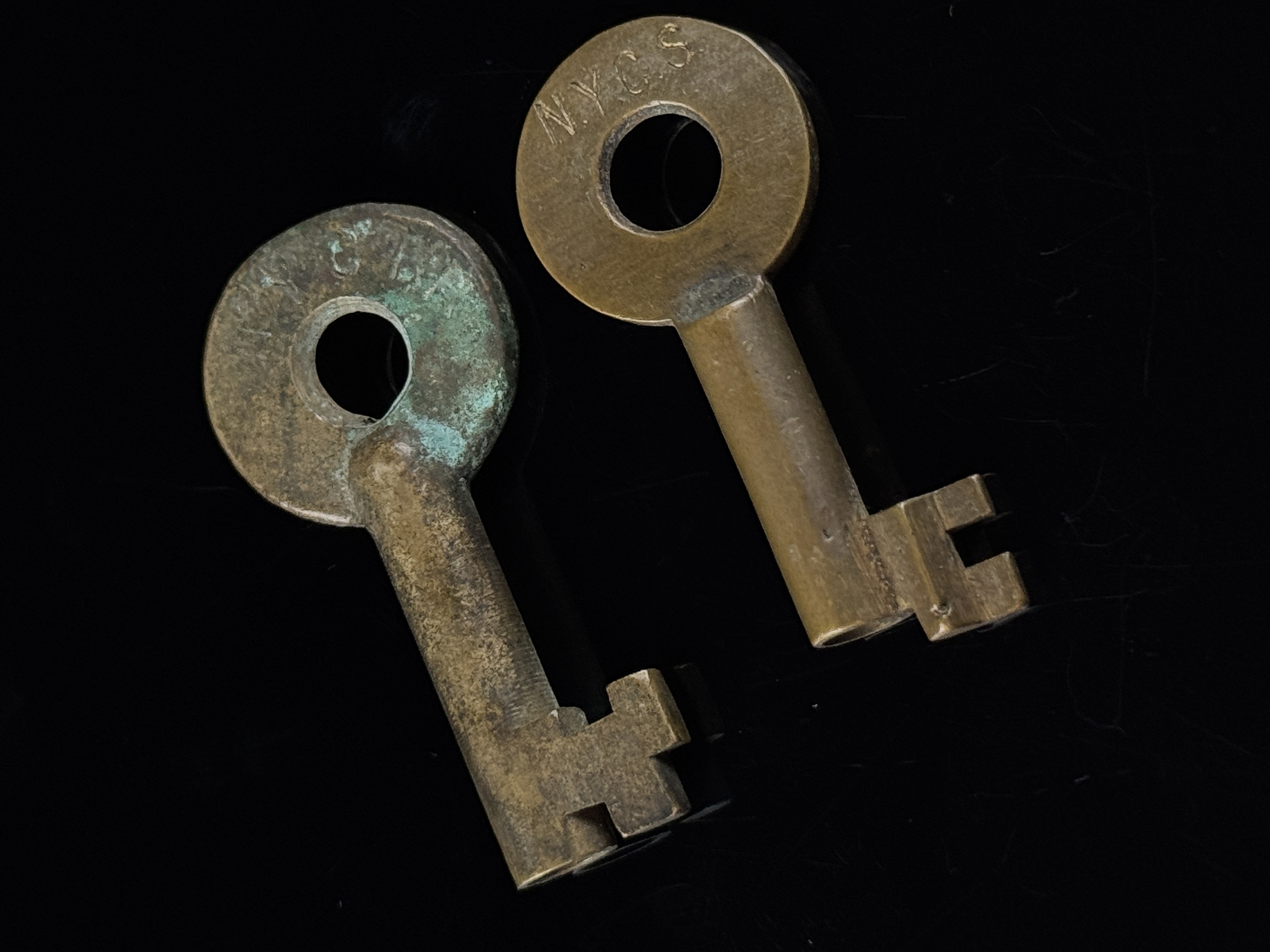 Two New York Central System NYCS Brass Railroad Switch Keys by Adlake