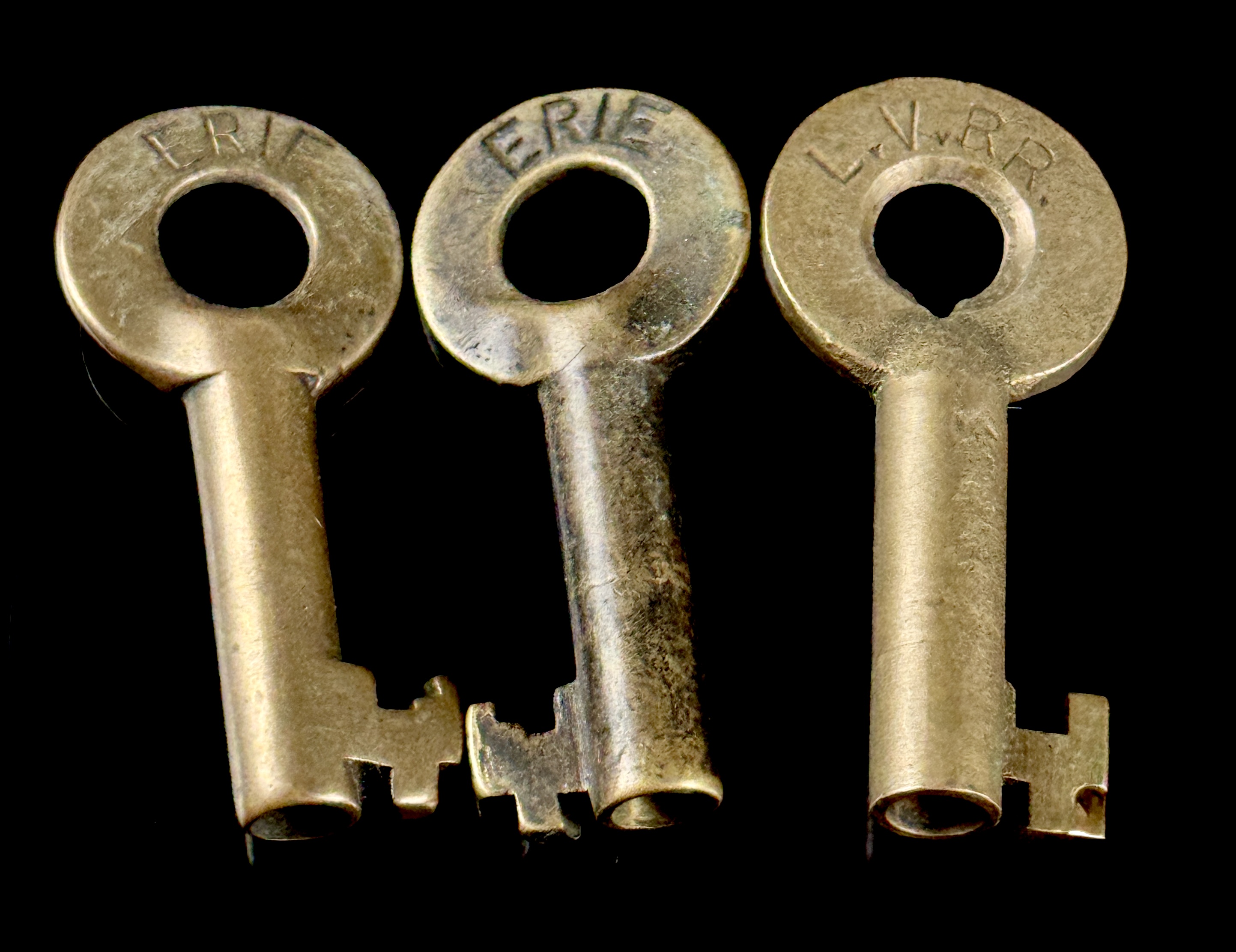 A Trio of Antique Cast Brass Erie and Lehigh Valley Railroad Switch Keys