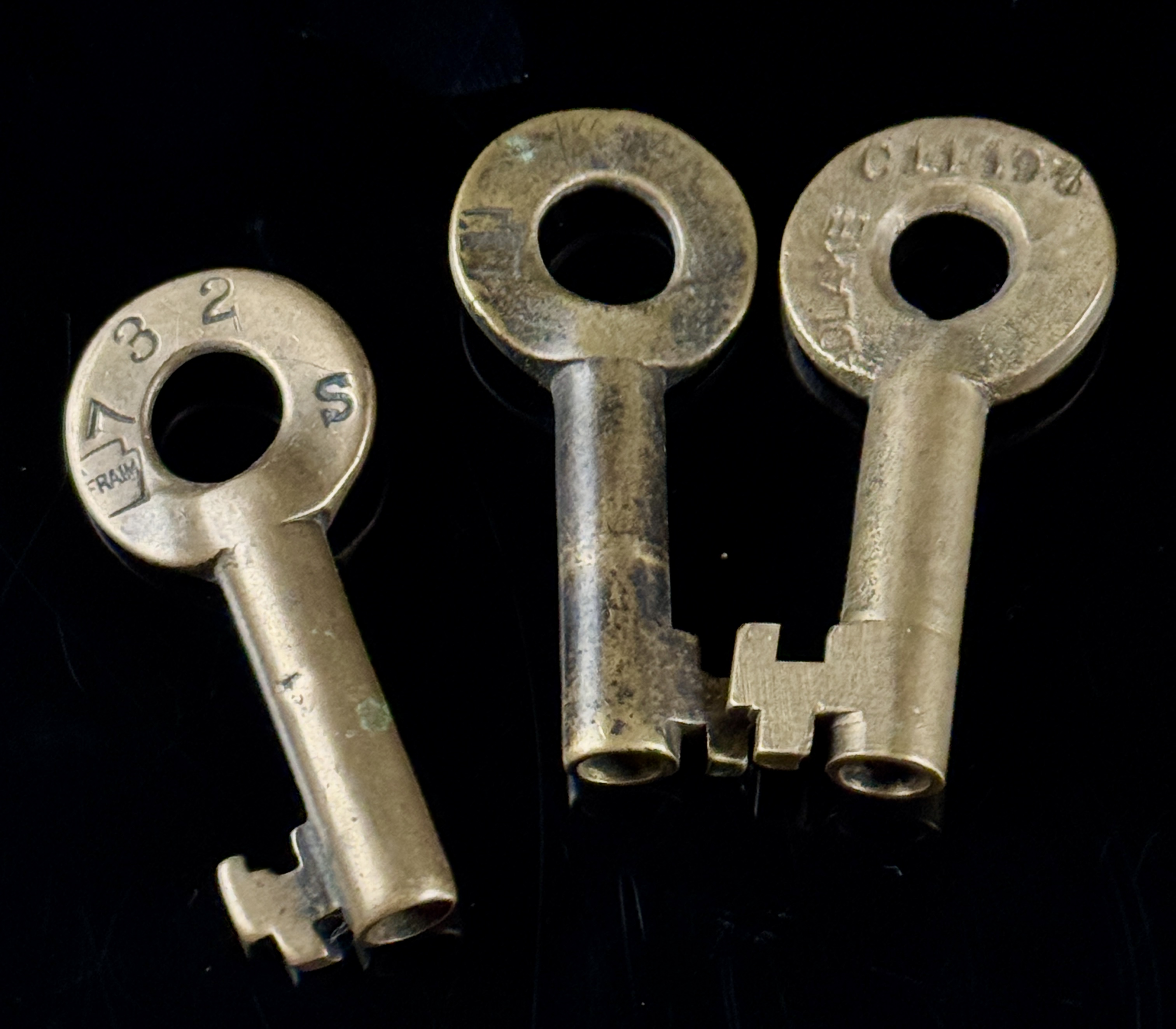 A Trio of Antique Cast Brass Erie and Lehigh Valley Railroad Switch Keys