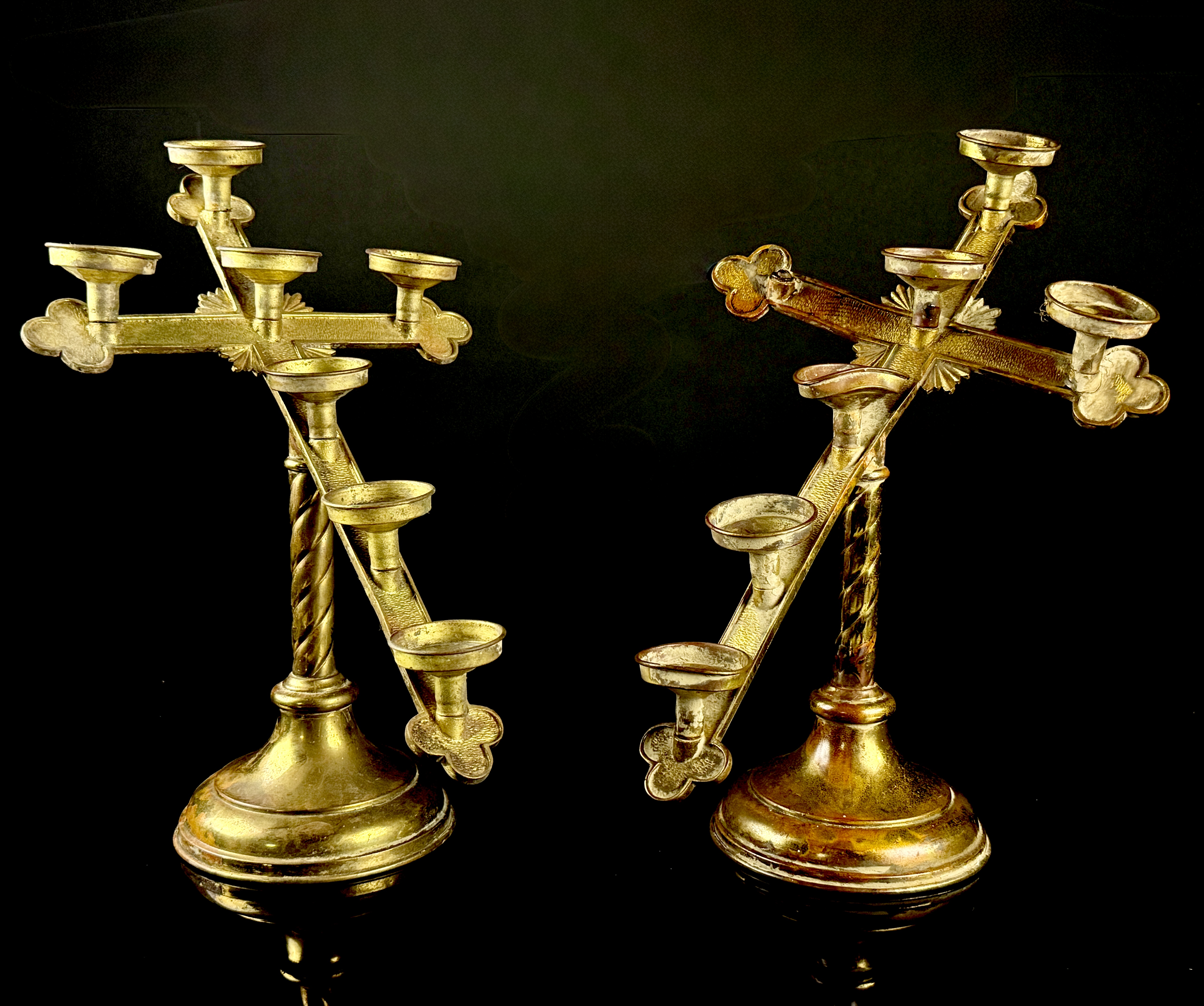 A Pair of Gothic Revival Brass Seven-Light Adjustable Altar Candelabra