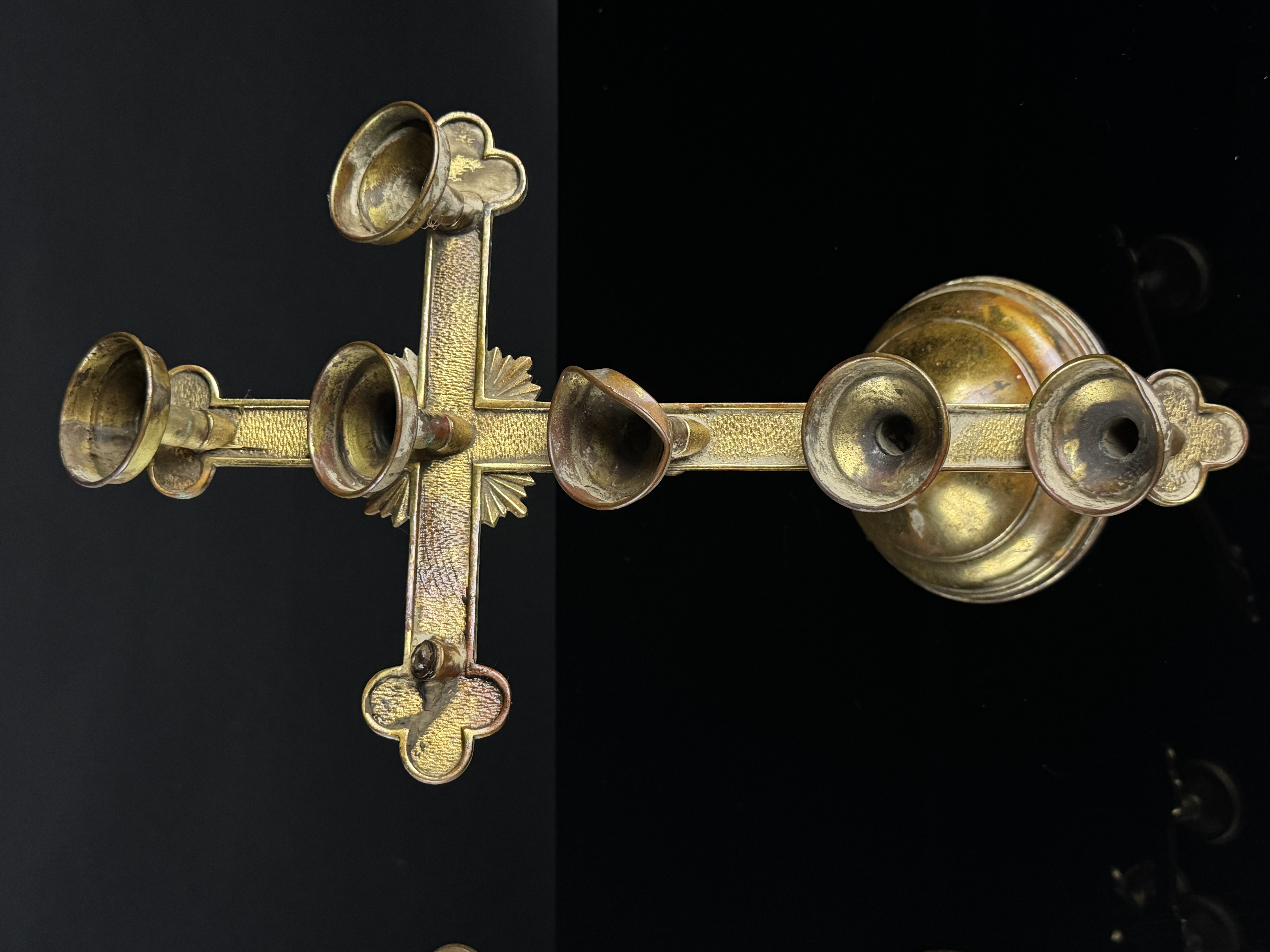 A Pair of Gothic Revival Brass Seven-Light Adjustable Altar Candelabra