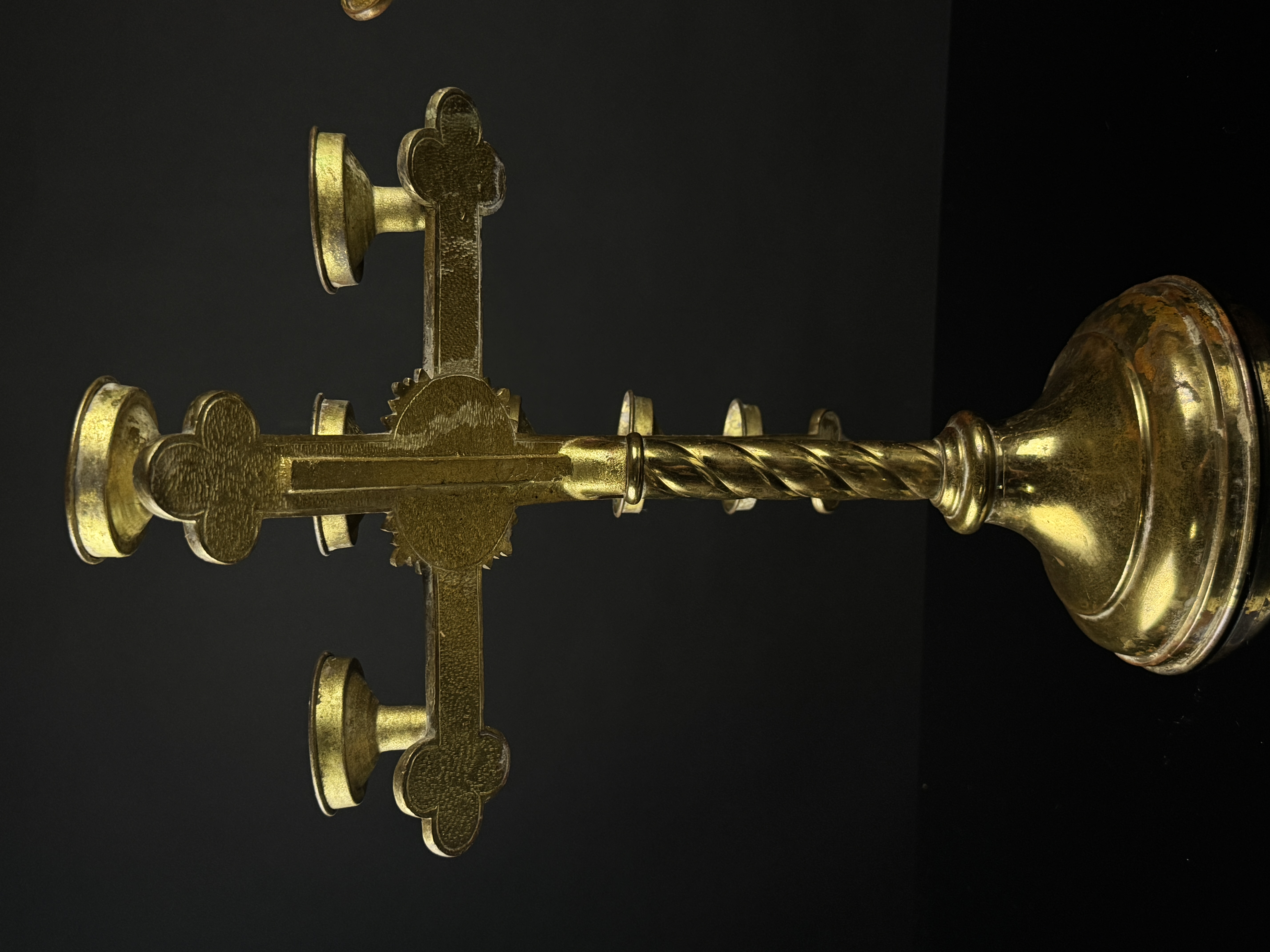 A Pair of Gothic Revival Brass Seven-Light Adjustable Altar Candelabra