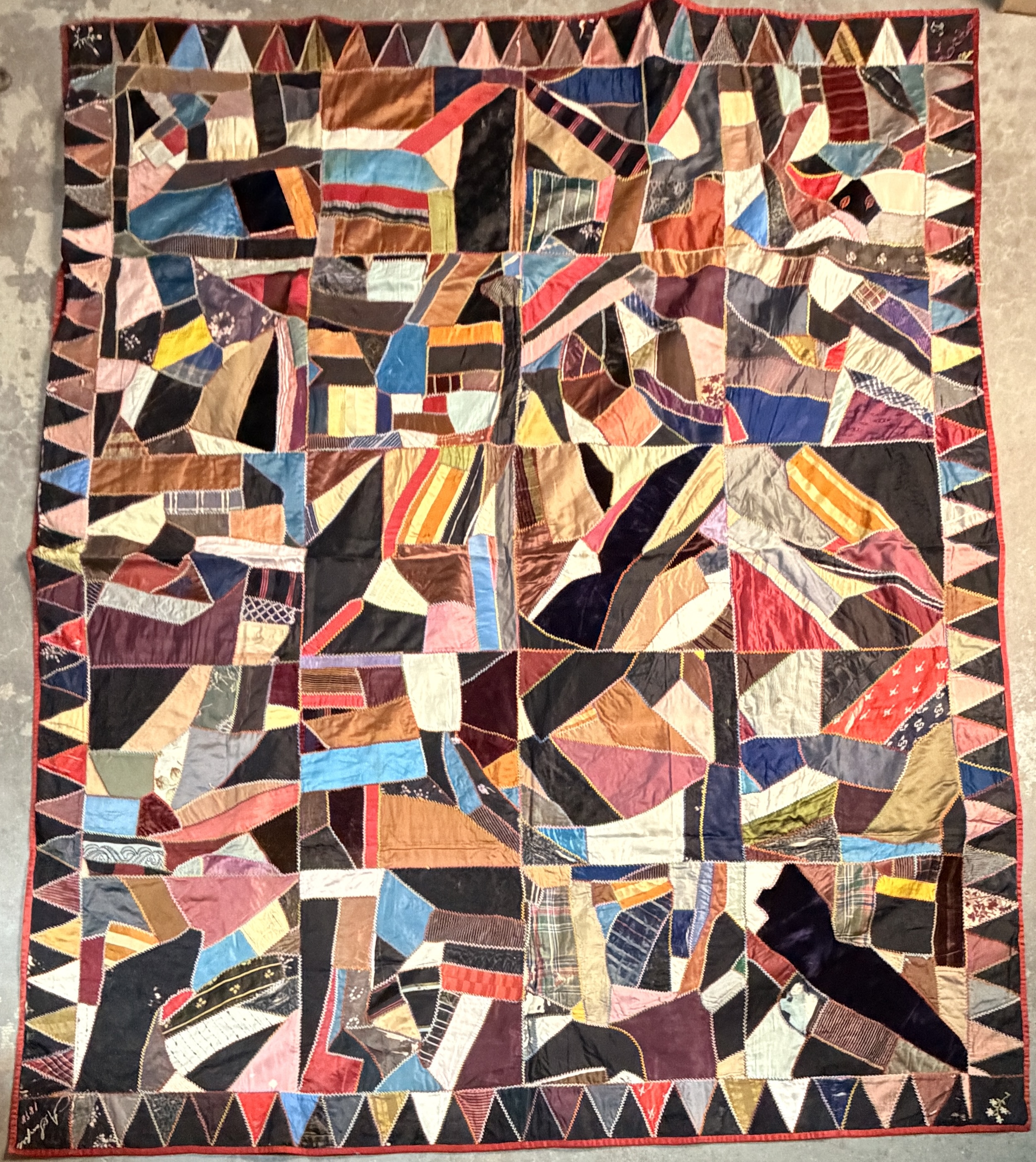 Late 19th Century Victorian Crazy Quilt Signed A. Sampfer and Dated 1898