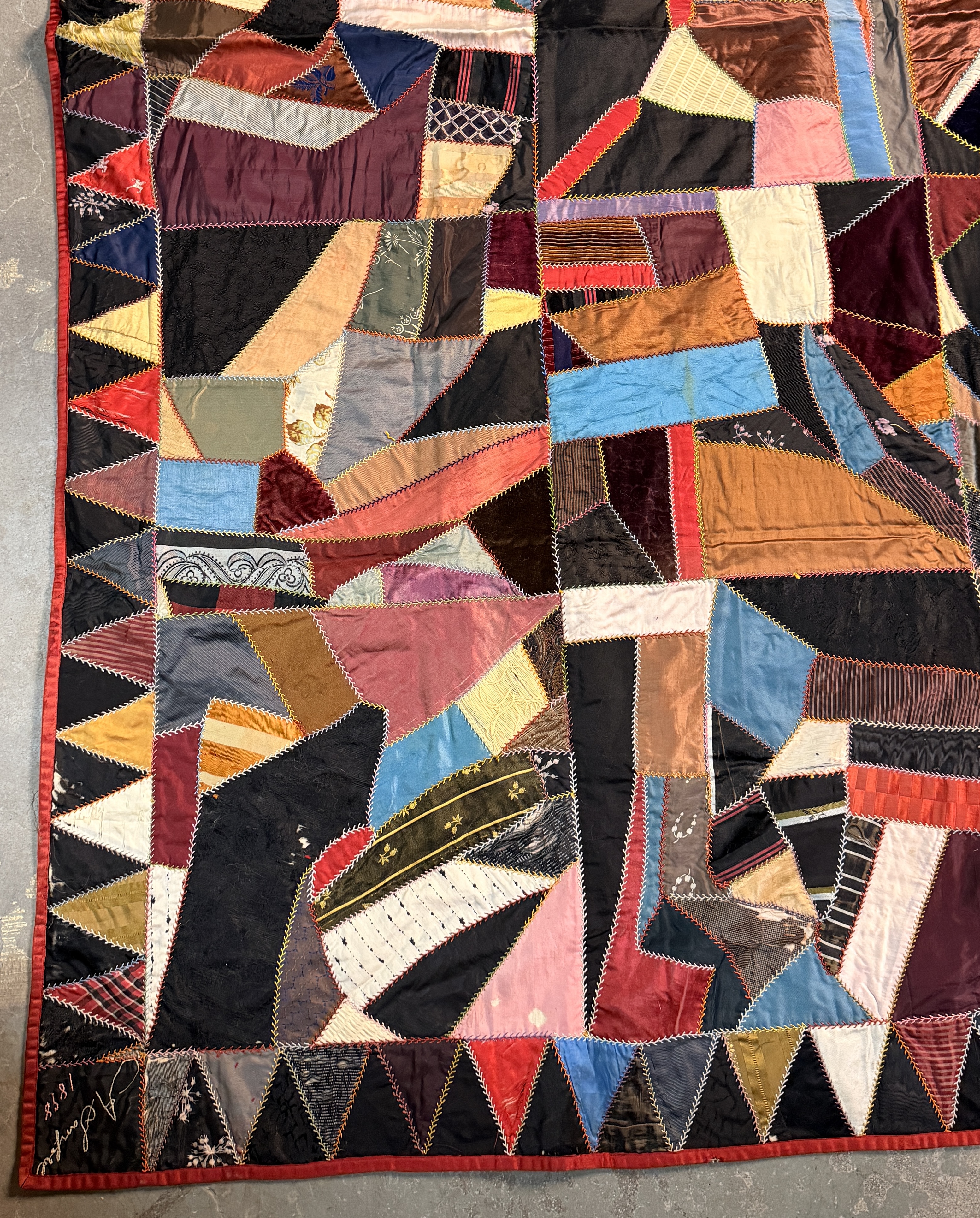Late 19th Century Victorian Crazy Quilt Signed A. Sampfer and Dated 1898