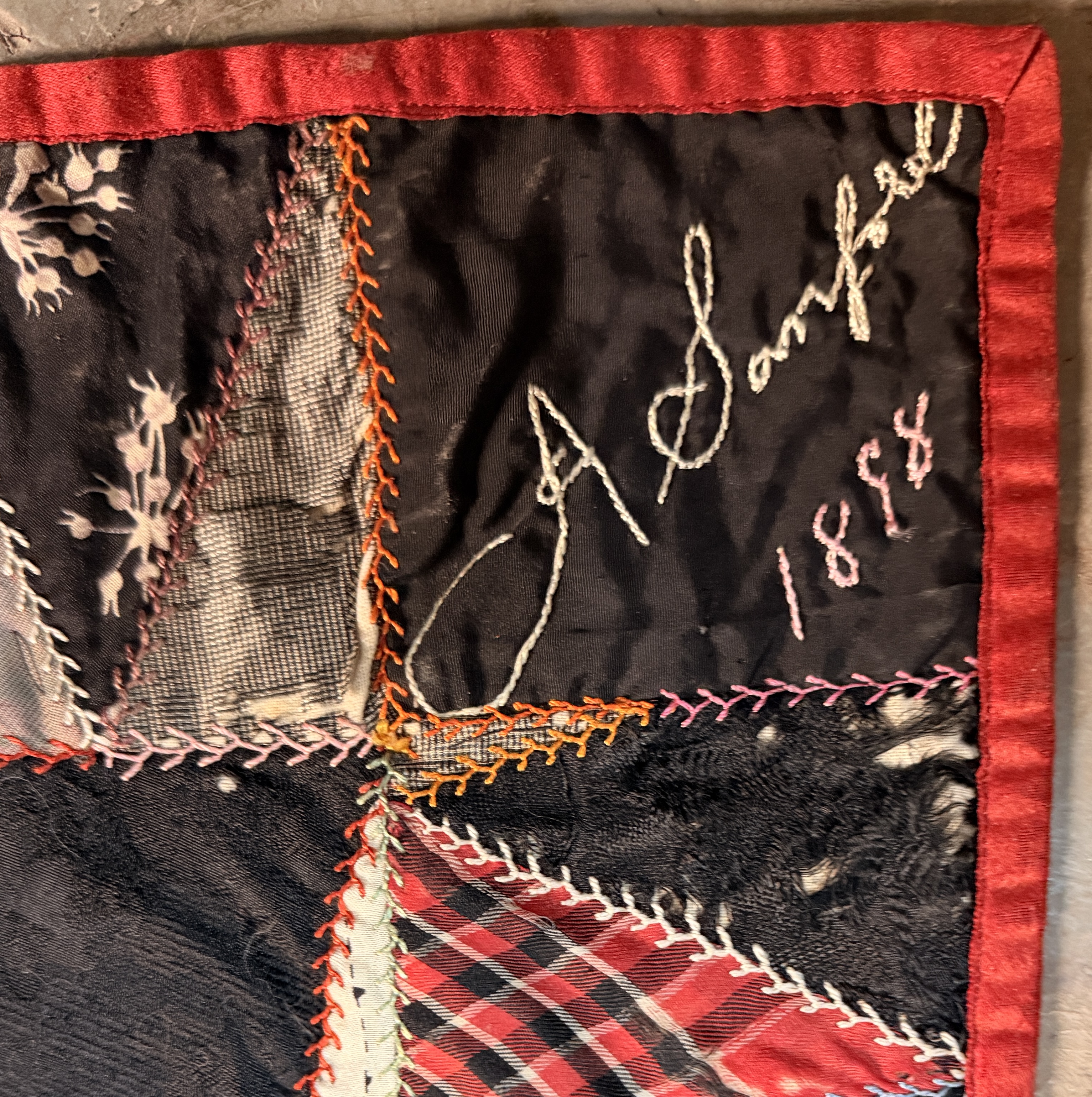 Late 19th Century Victorian Crazy Quilt Signed A. Sampfer and Dated 1898