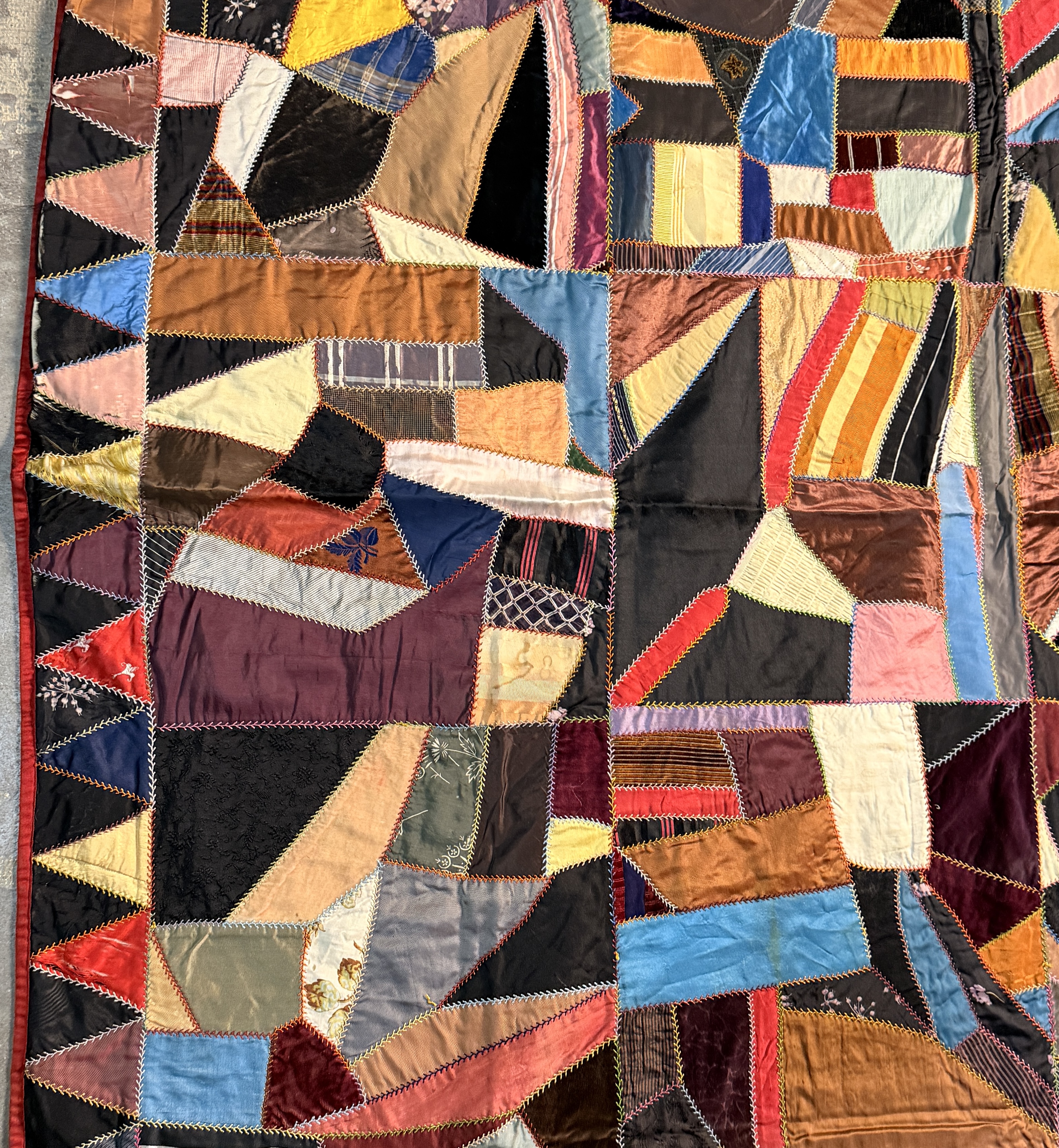 Late 19th Century Victorian Crazy Quilt Signed A. Sampfer and Dated 1898