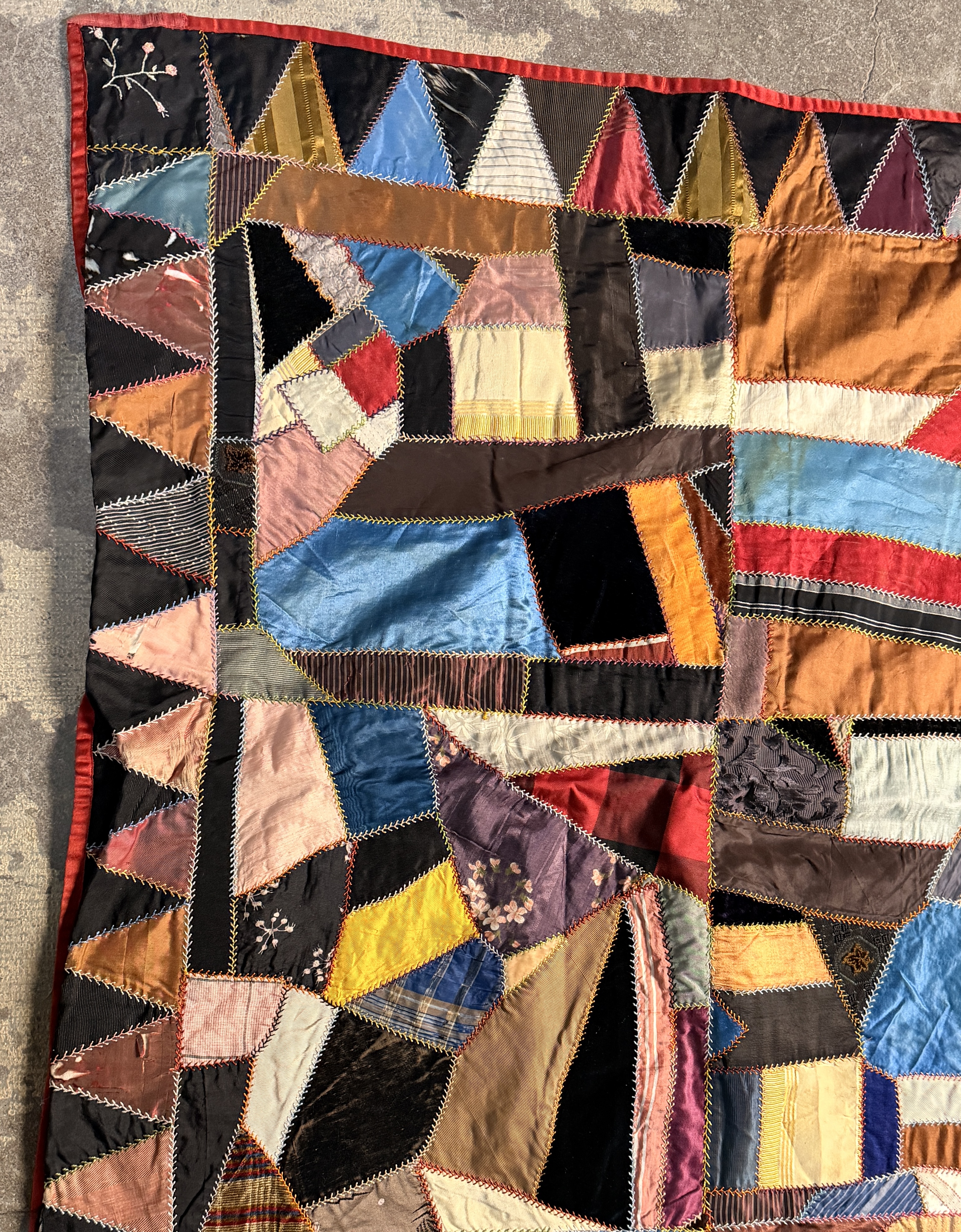 Late 19th Century Victorian Crazy Quilt Signed A. Sampfer and Dated 1898