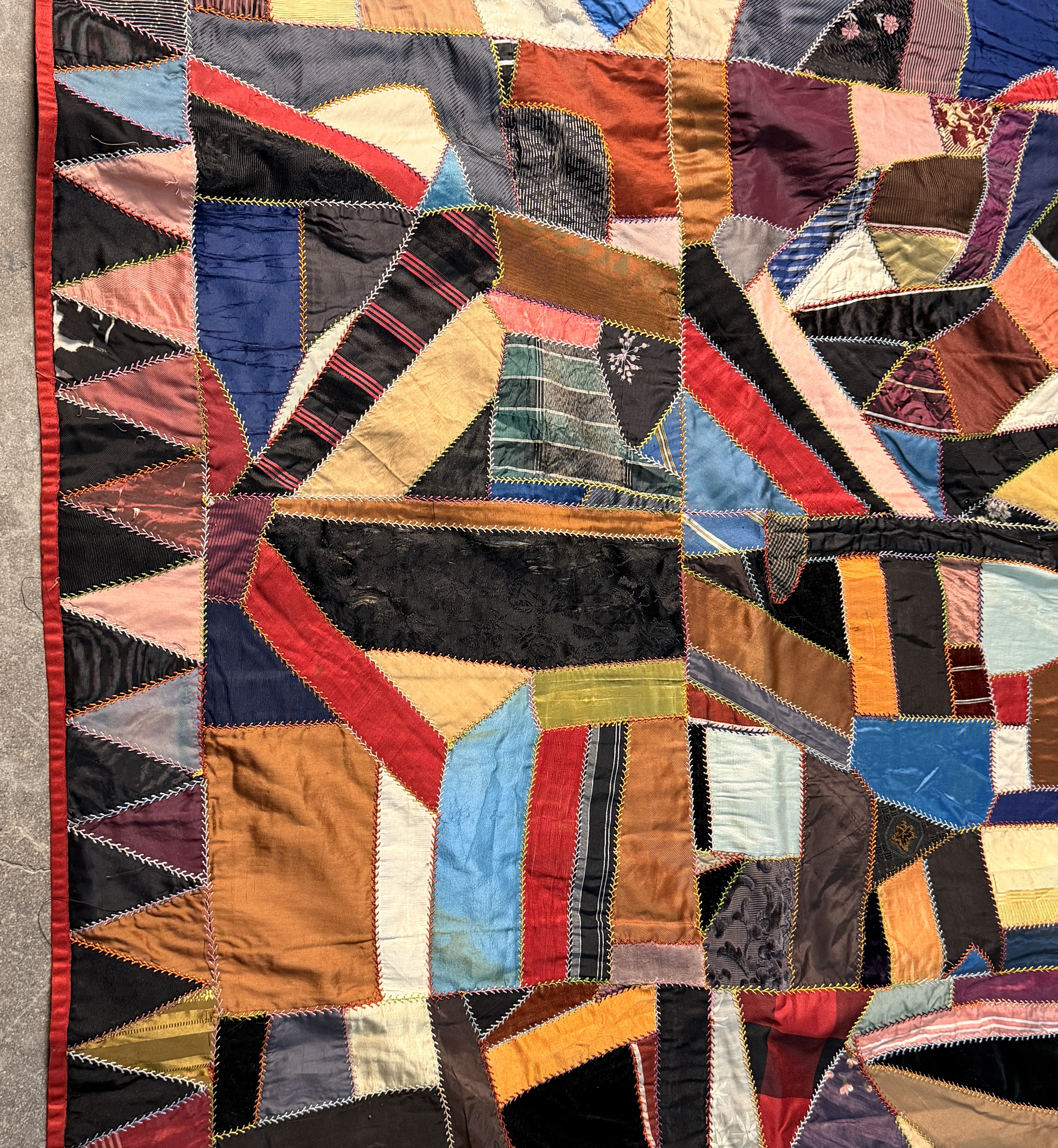 Late 19th Century Victorian Crazy Quilt Signed A. Sampfer and Dated 1898
