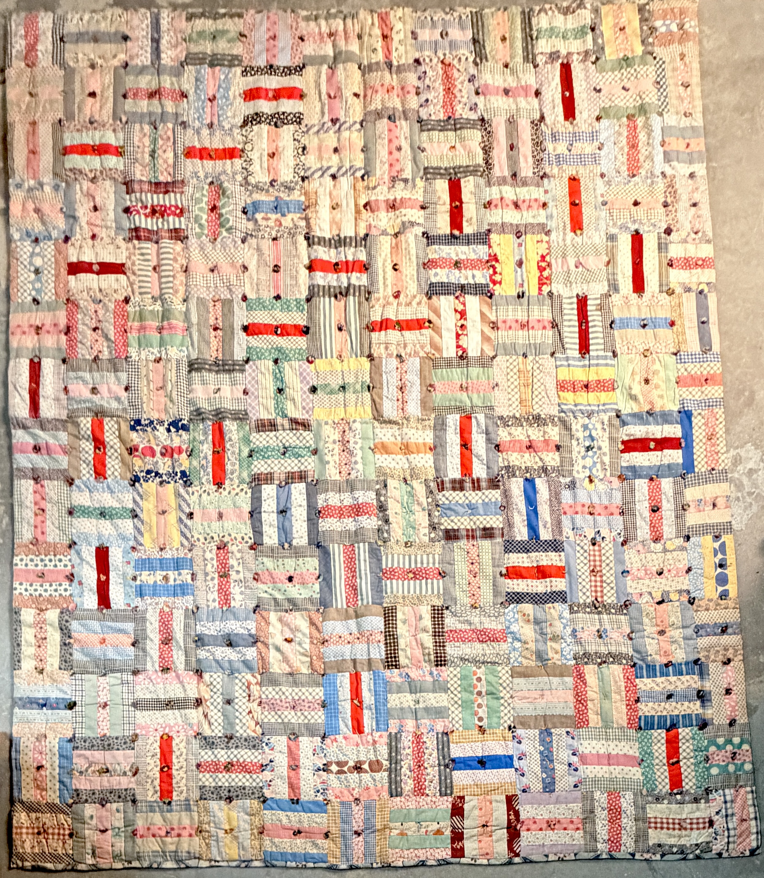 Vintage Mid-Century Hand-Pieced Rail Fence Pattern Tied Scrap Quilt