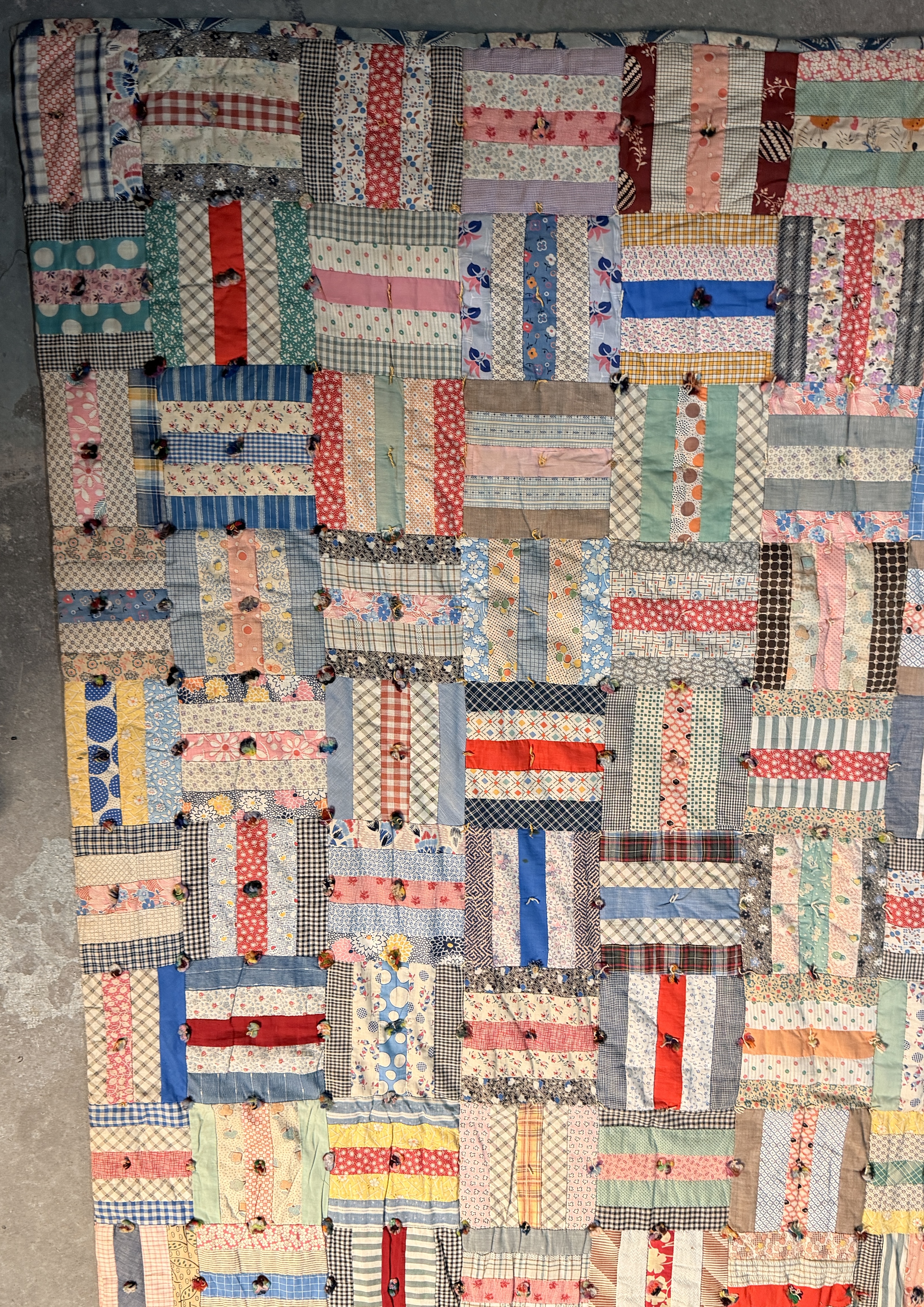Vintage Mid-Century Hand-Pieced Rail Fence Pattern Tied Scrap Quilt