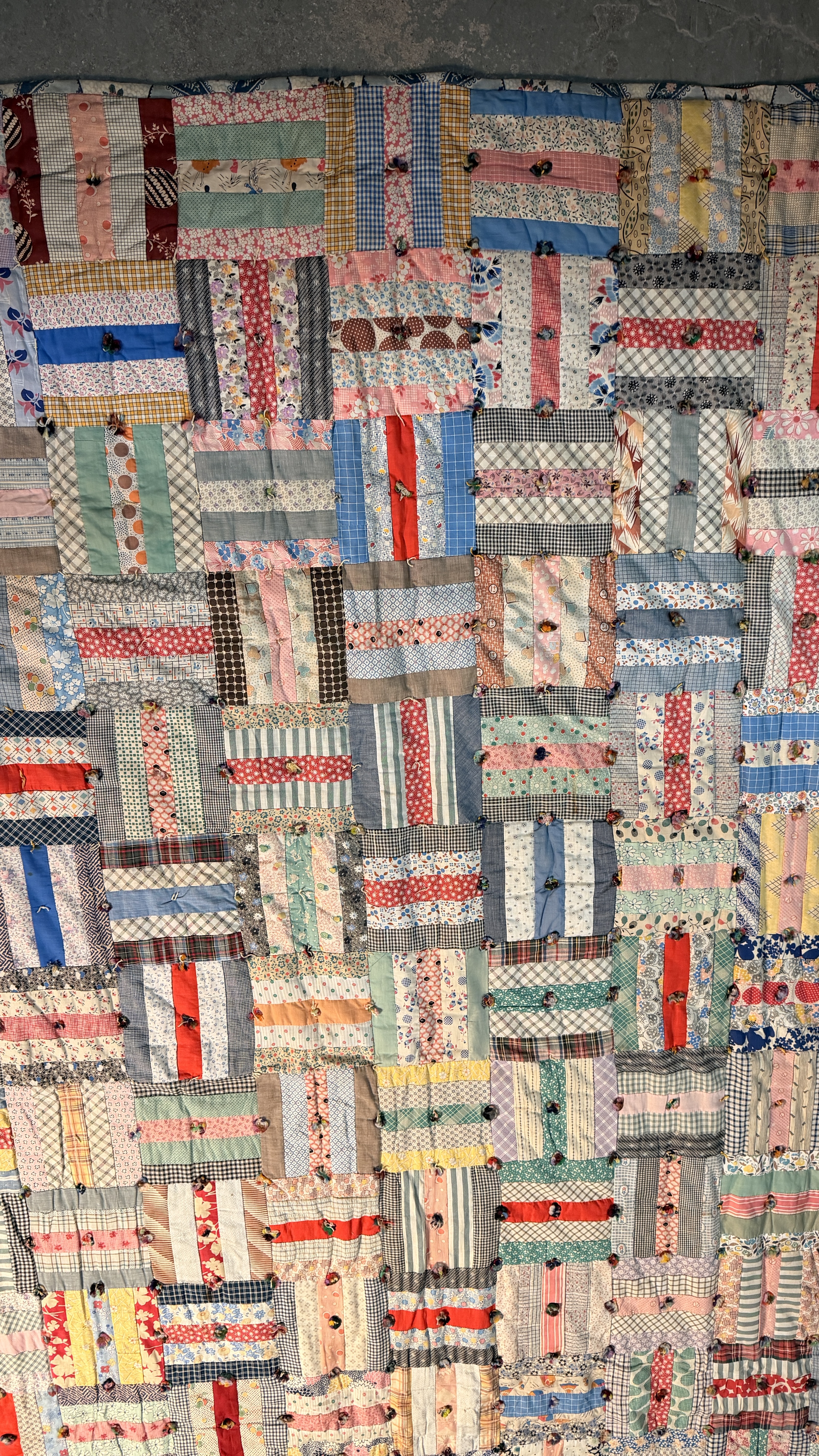Vintage Mid-Century Hand-Pieced Rail Fence Pattern Tied Scrap Quilt