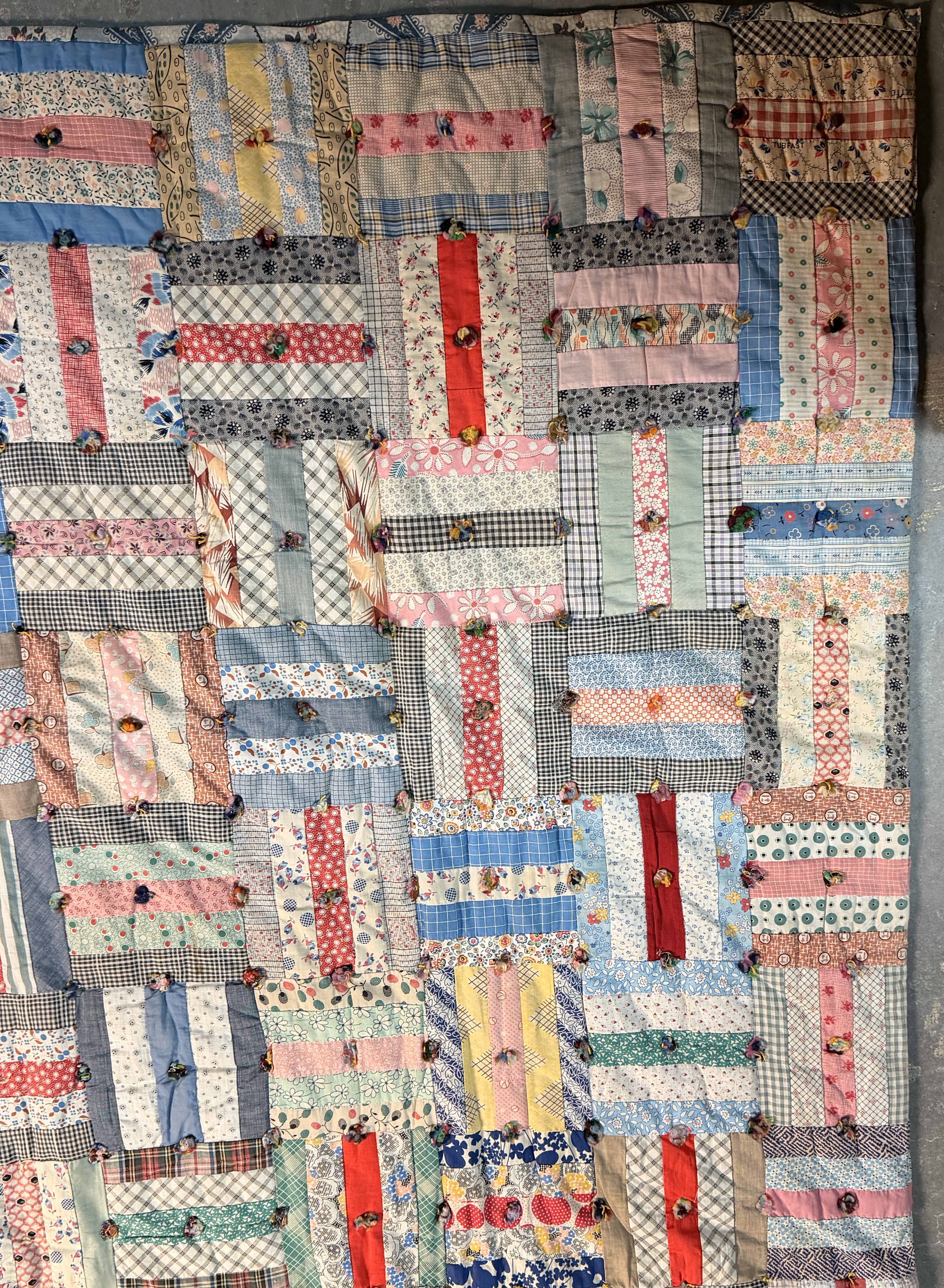 Vintage Mid-Century Hand-Pieced Rail Fence Pattern Tied Scrap Quilt