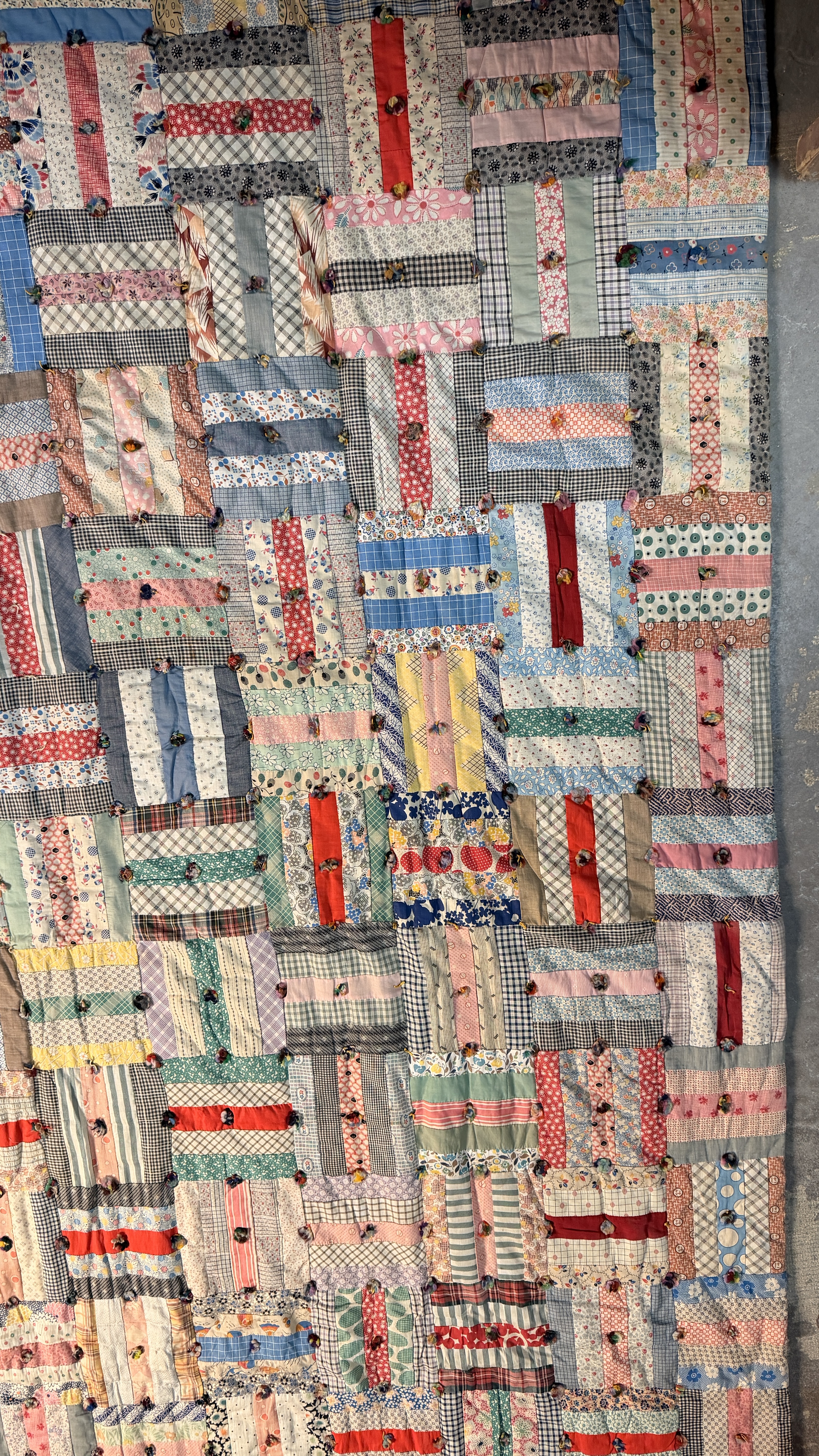 Vintage Mid-Century Hand-Pieced Rail Fence Pattern Tied Scrap Quilt