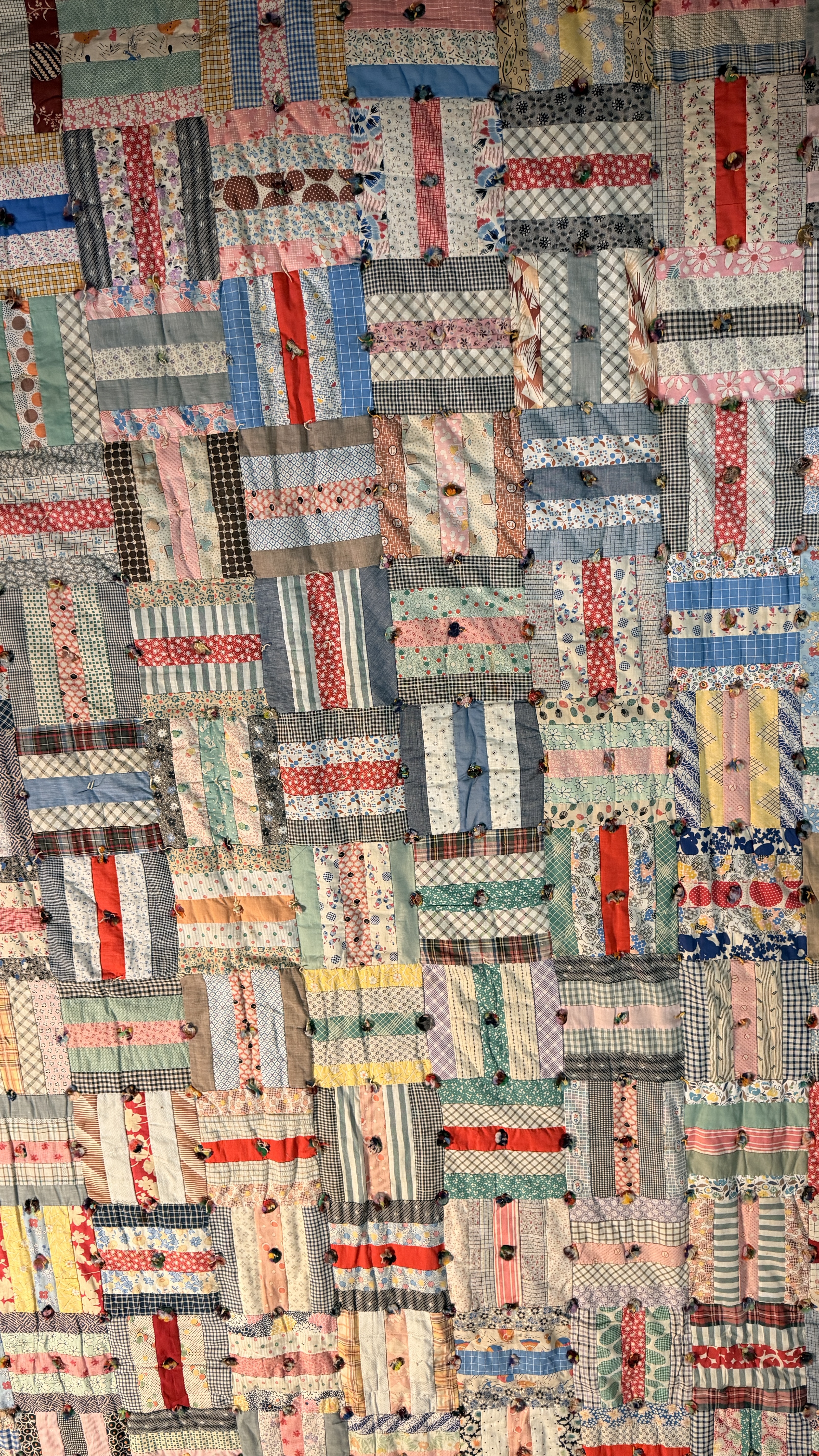 Vintage Mid-Century Hand-Pieced Rail Fence Pattern Tied Scrap Quilt