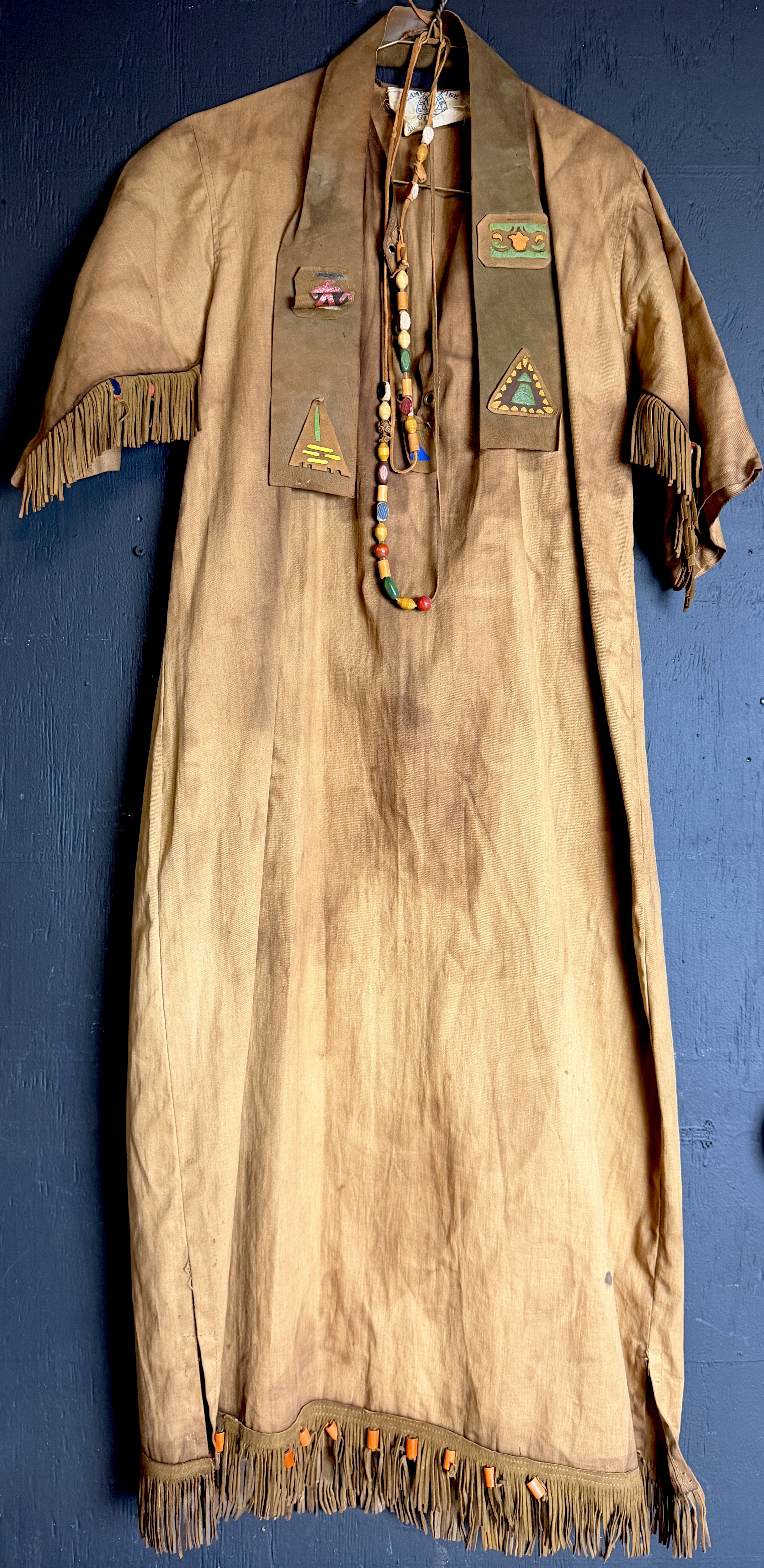A Vintage Camp Fire Girls Ceremonial Gown with Leather Stole and Beaded Necklace