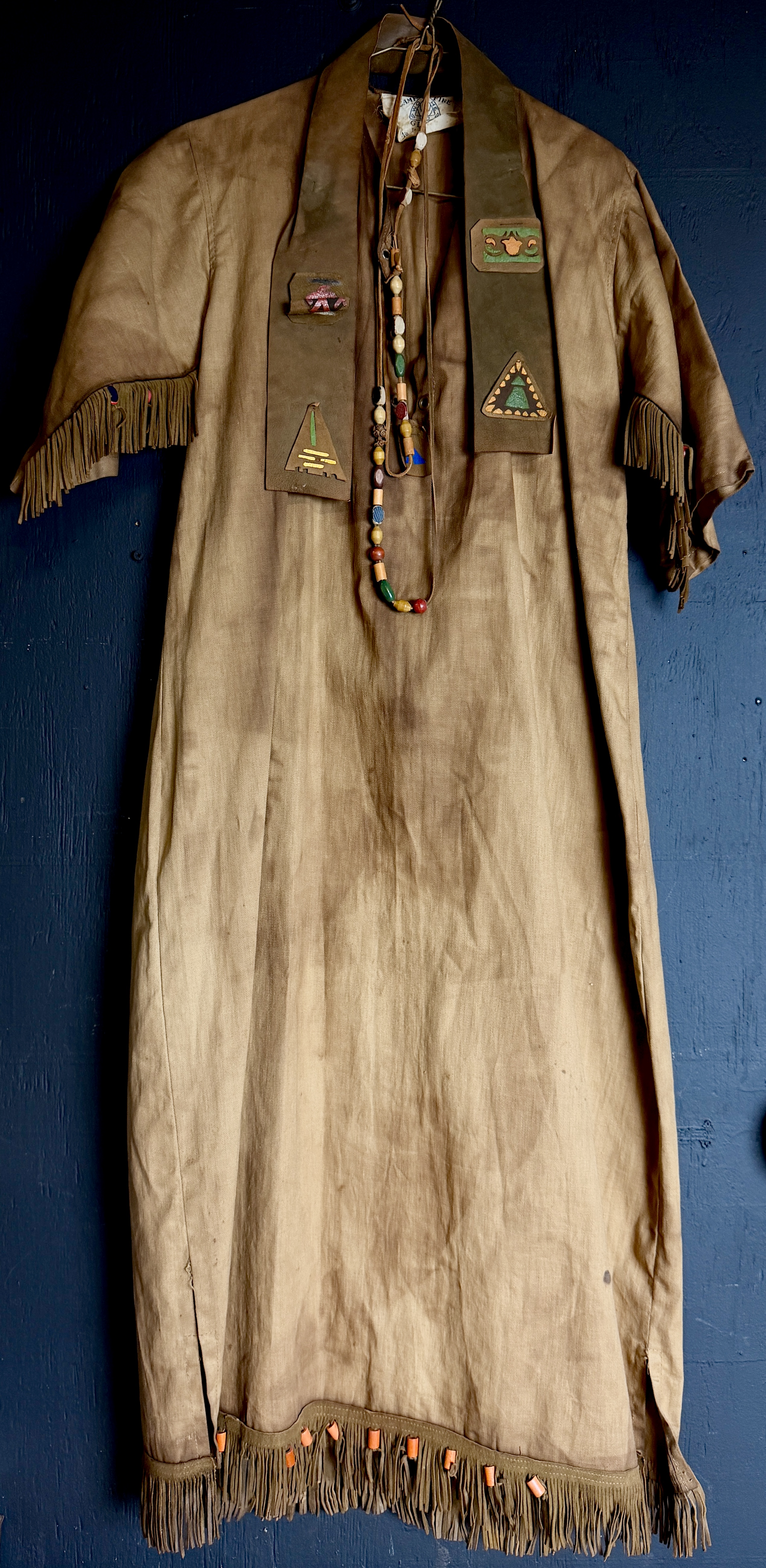 A Vintage Camp Fire Girls Ceremonial Gown with Leather Stole and Beaded Necklace