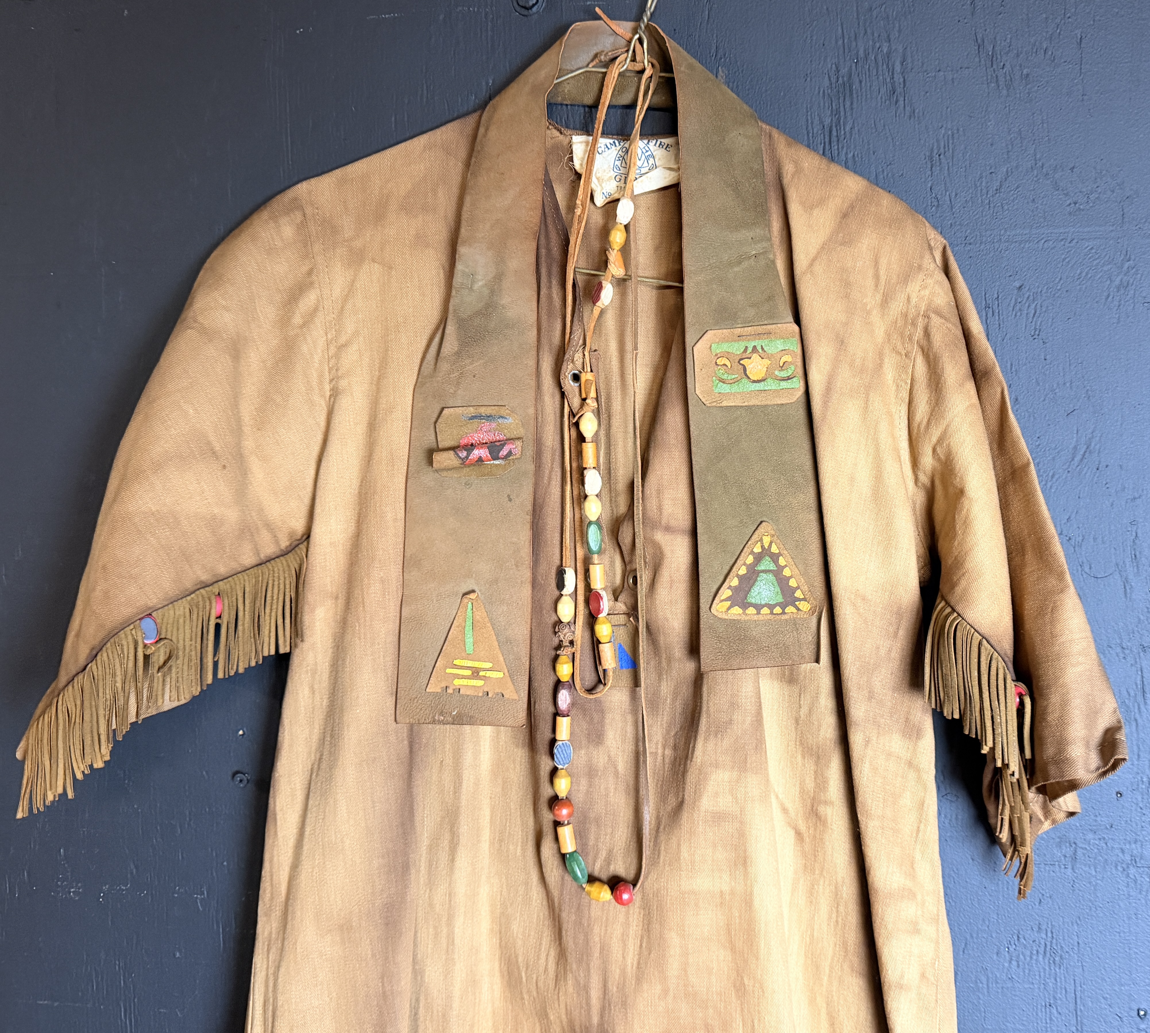 A Vintage Camp Fire Girls Ceremonial Gown with Leather Stole and Beaded Necklace
