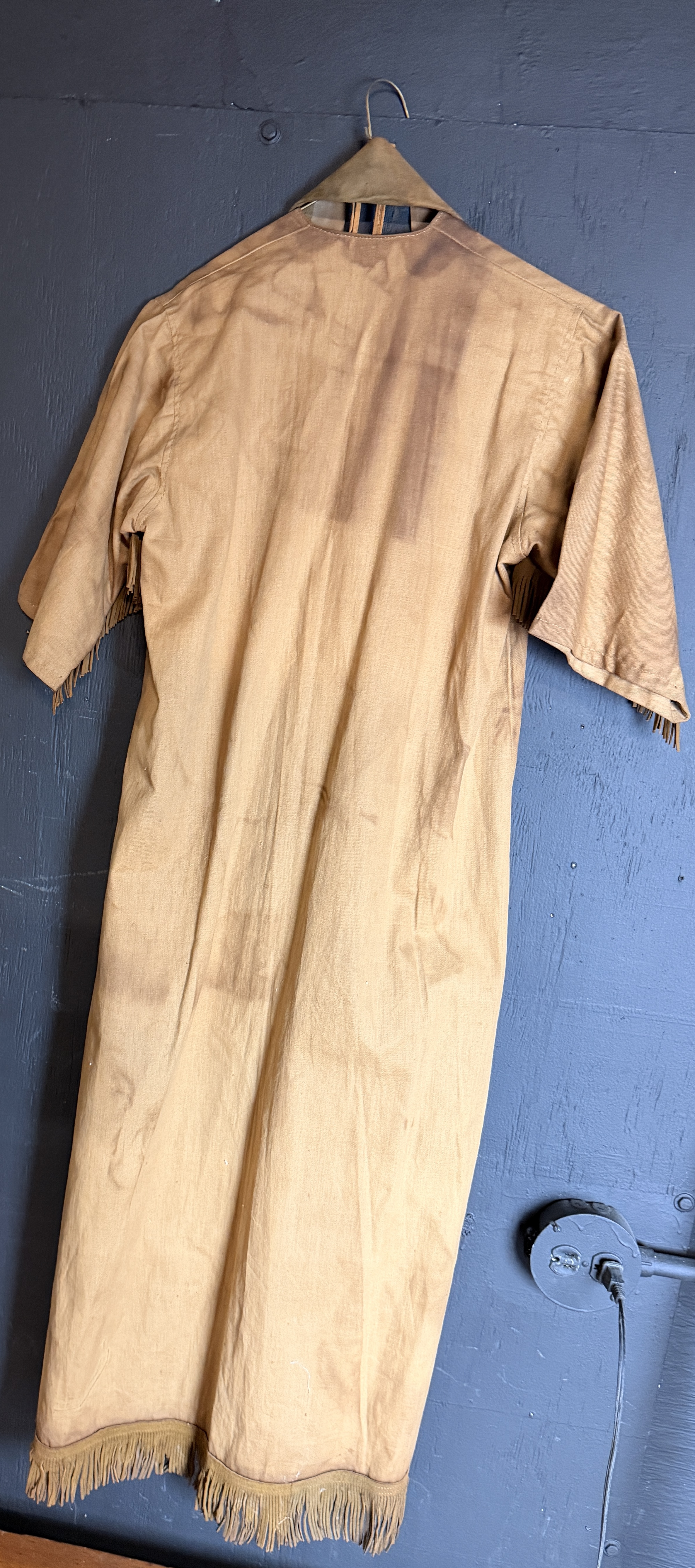 A Vintage Camp Fire Girls Ceremonial Gown with Leather Stole and Beaded Necklace