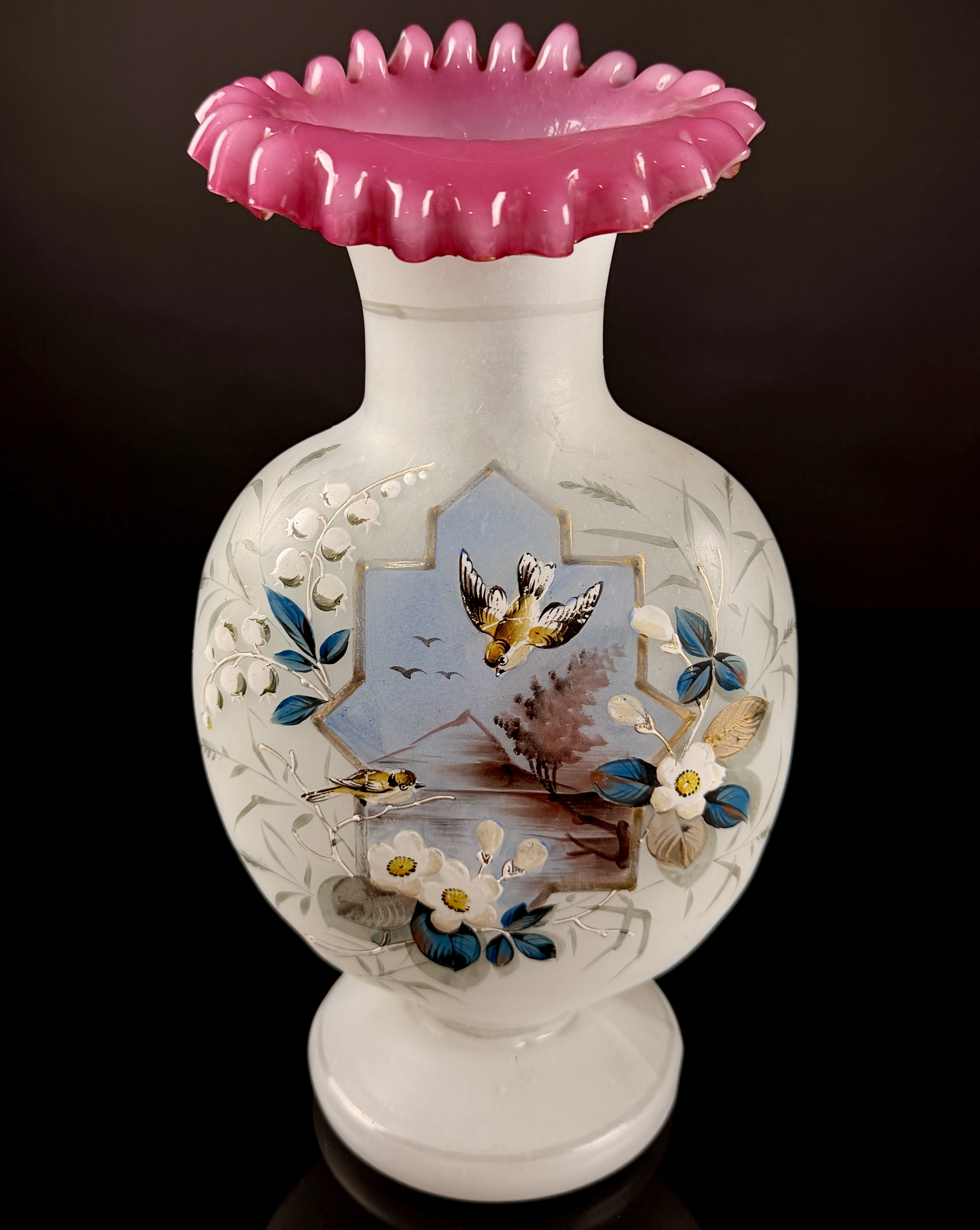 Victorian Bristol Glass Hand-Painted Bird and Landscape Vase