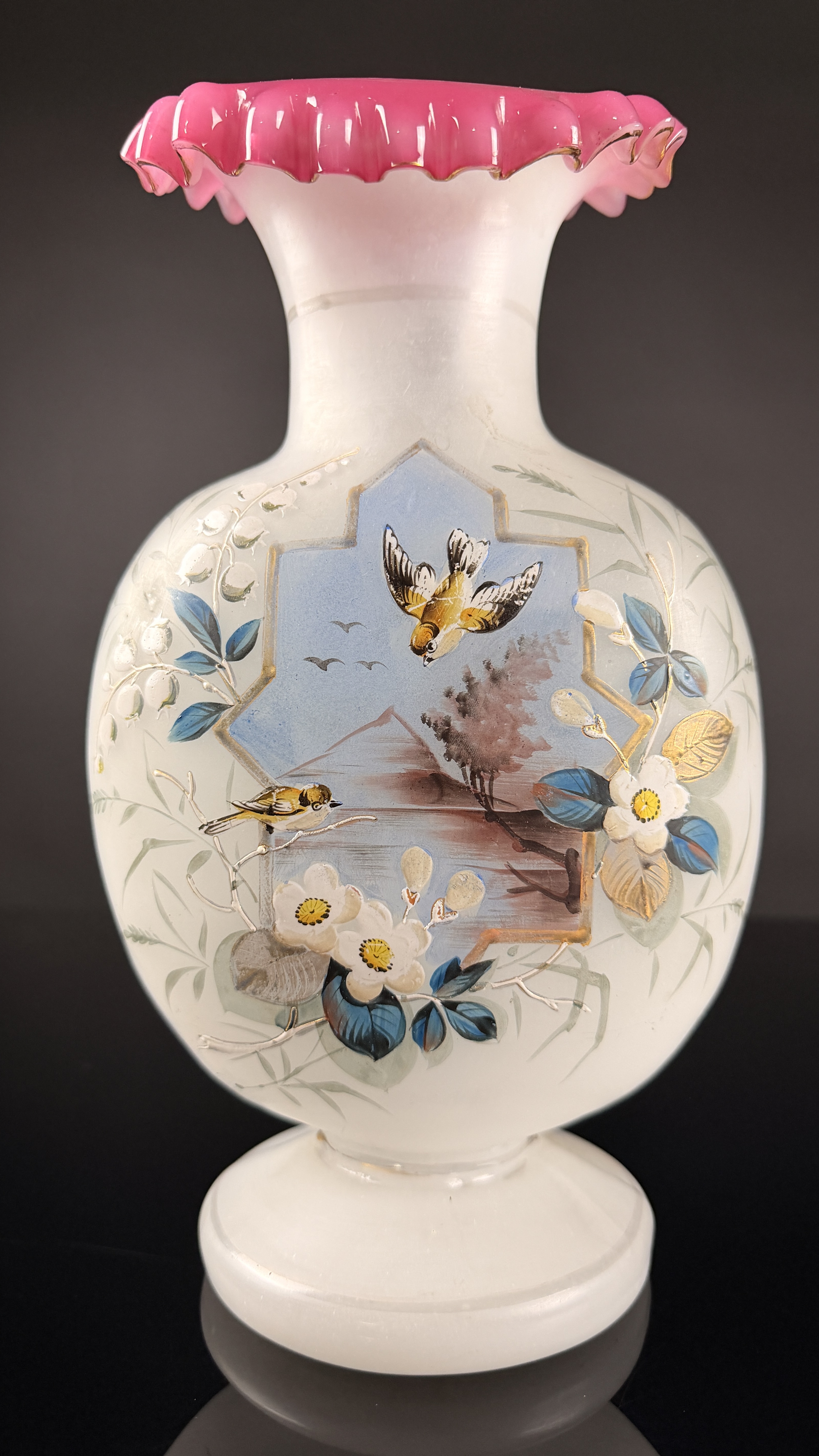 Victorian Bristol Glass Hand-Painted Bird and Landscape Vase