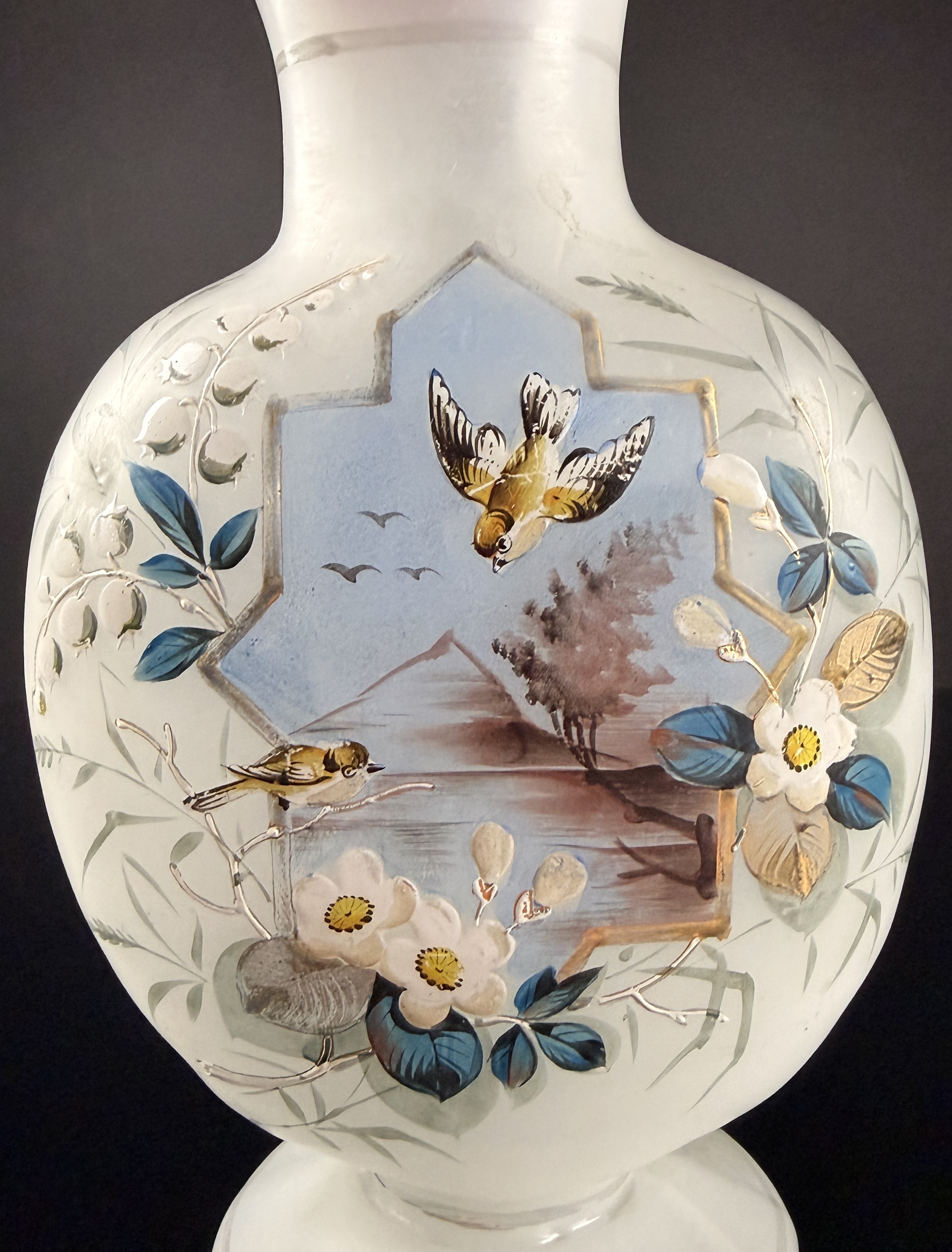 Victorian Bristol Glass Hand-Painted Bird and Landscape Vase