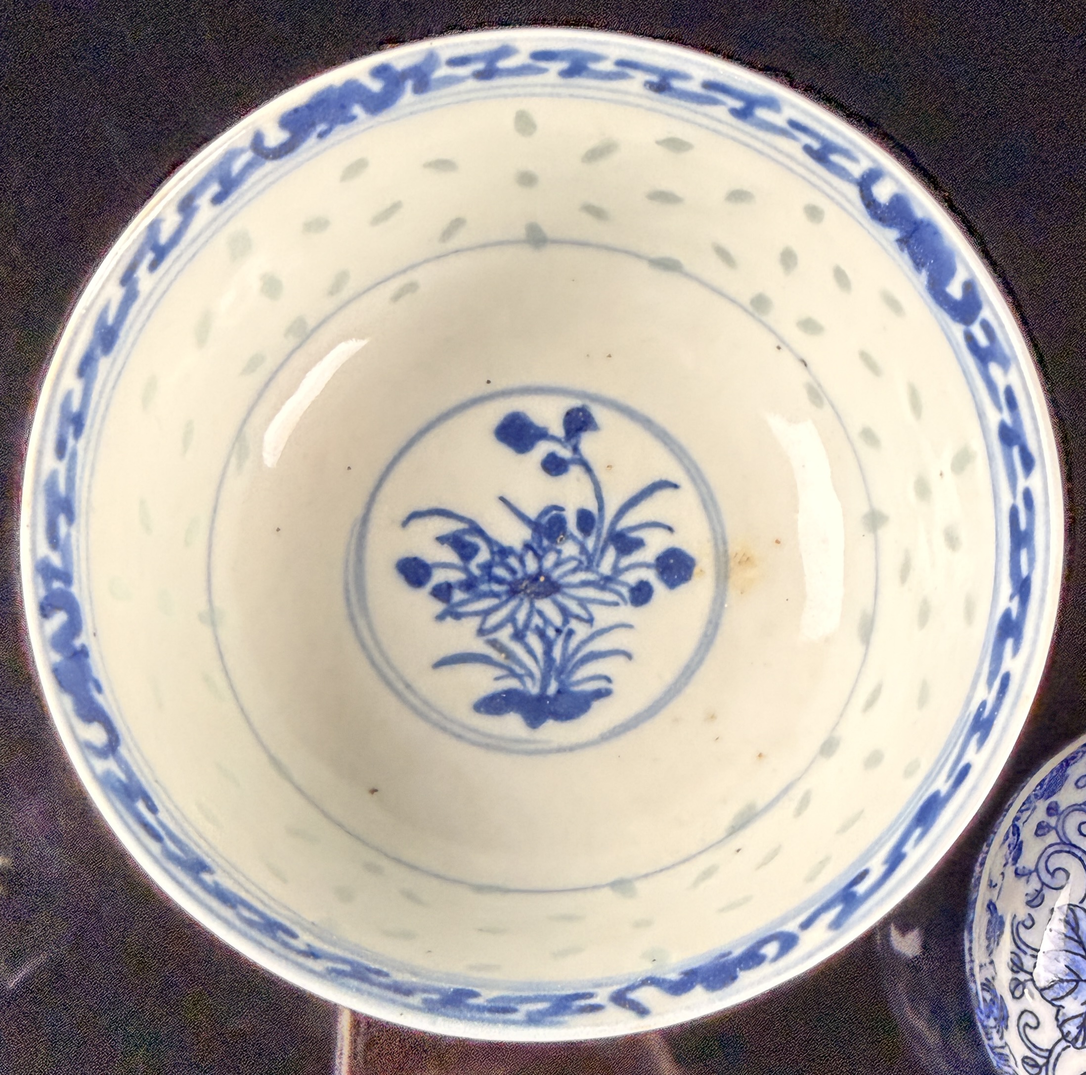 Two Chinese Blue and White Porcelain Items Including a Rice Grain Bowl and a Lidded Box