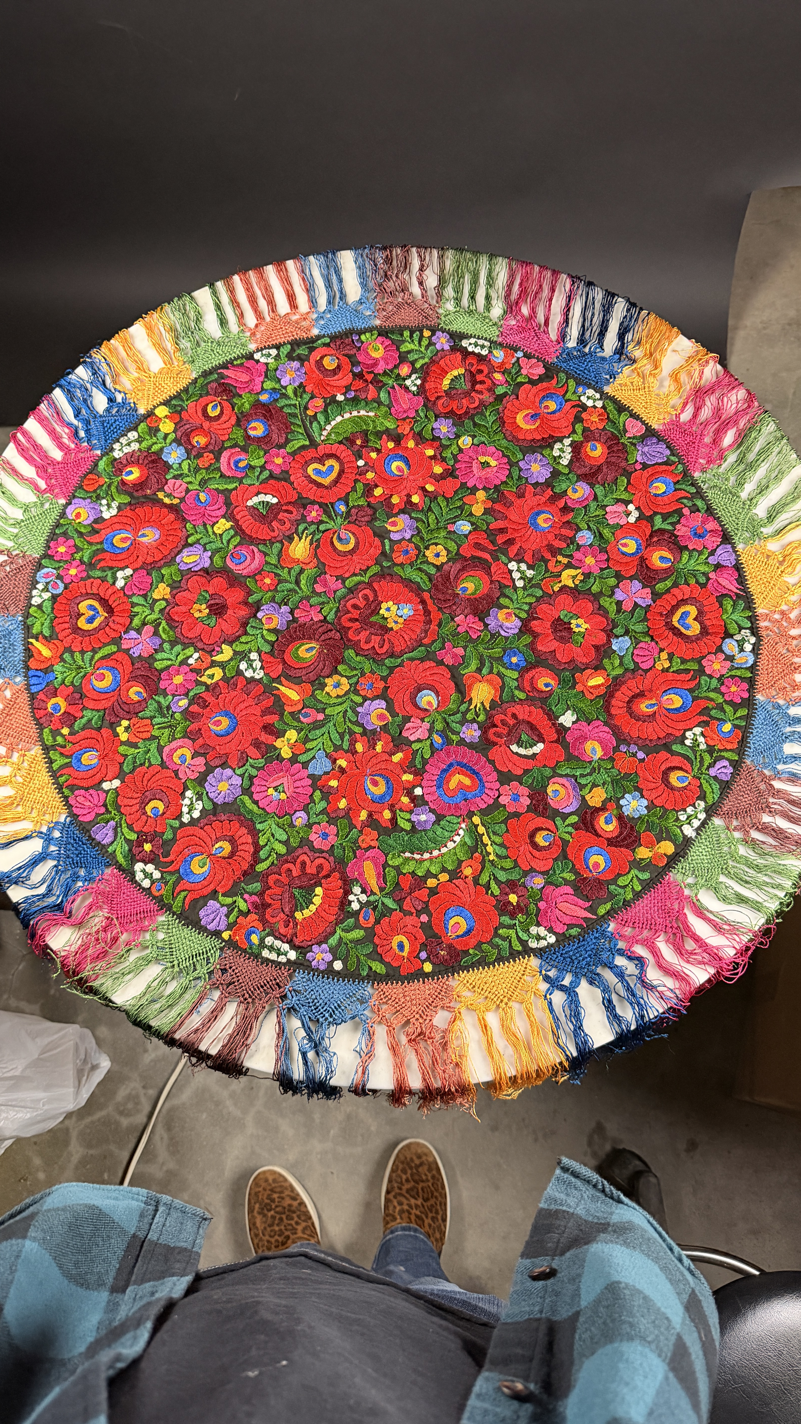 Hungarian Matyó Embroidered Circular Table Topper with Macramé Fringe