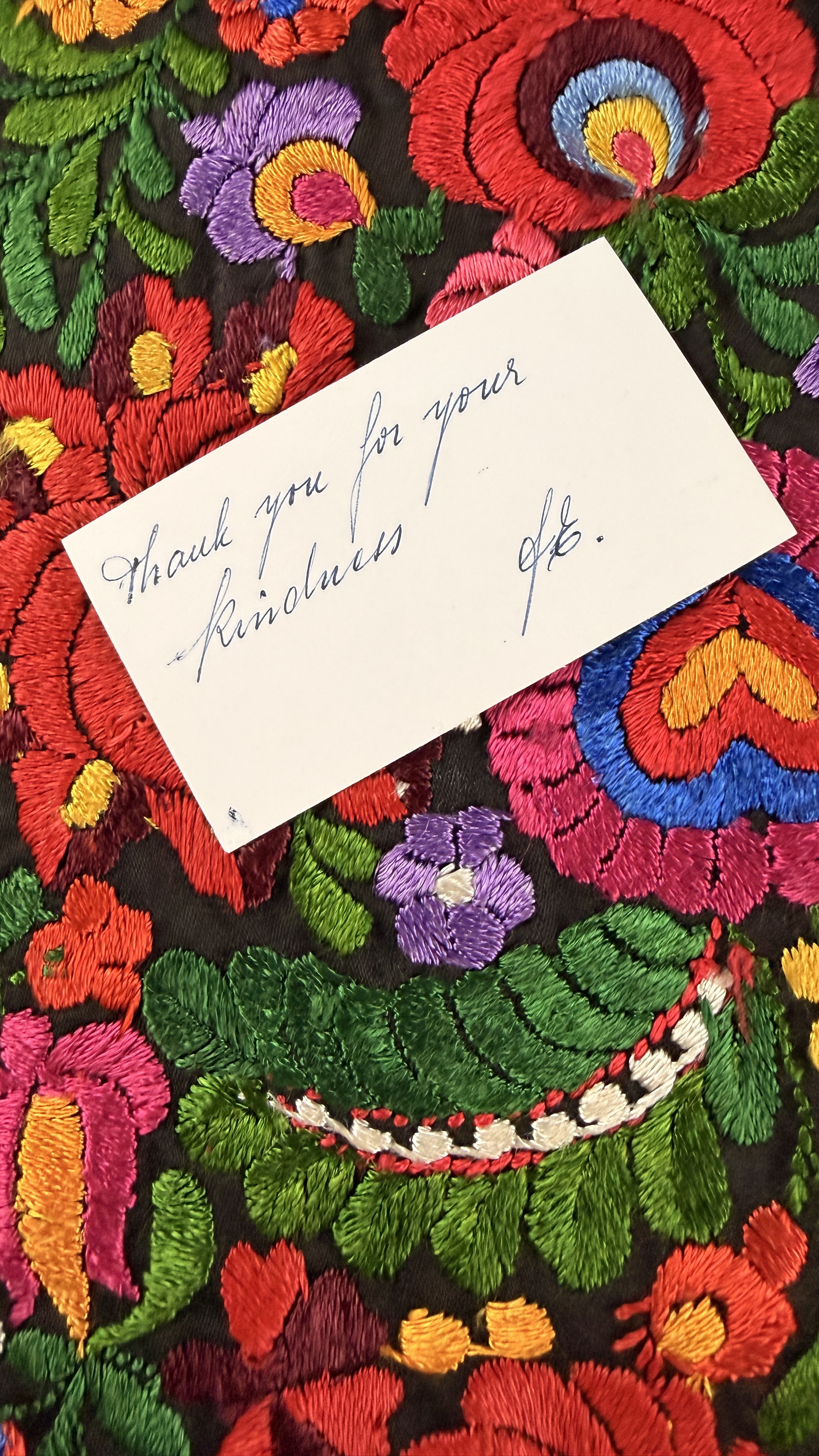 Hungarian Matyó Embroidered Circular Table Topper with Macramé Fringe
