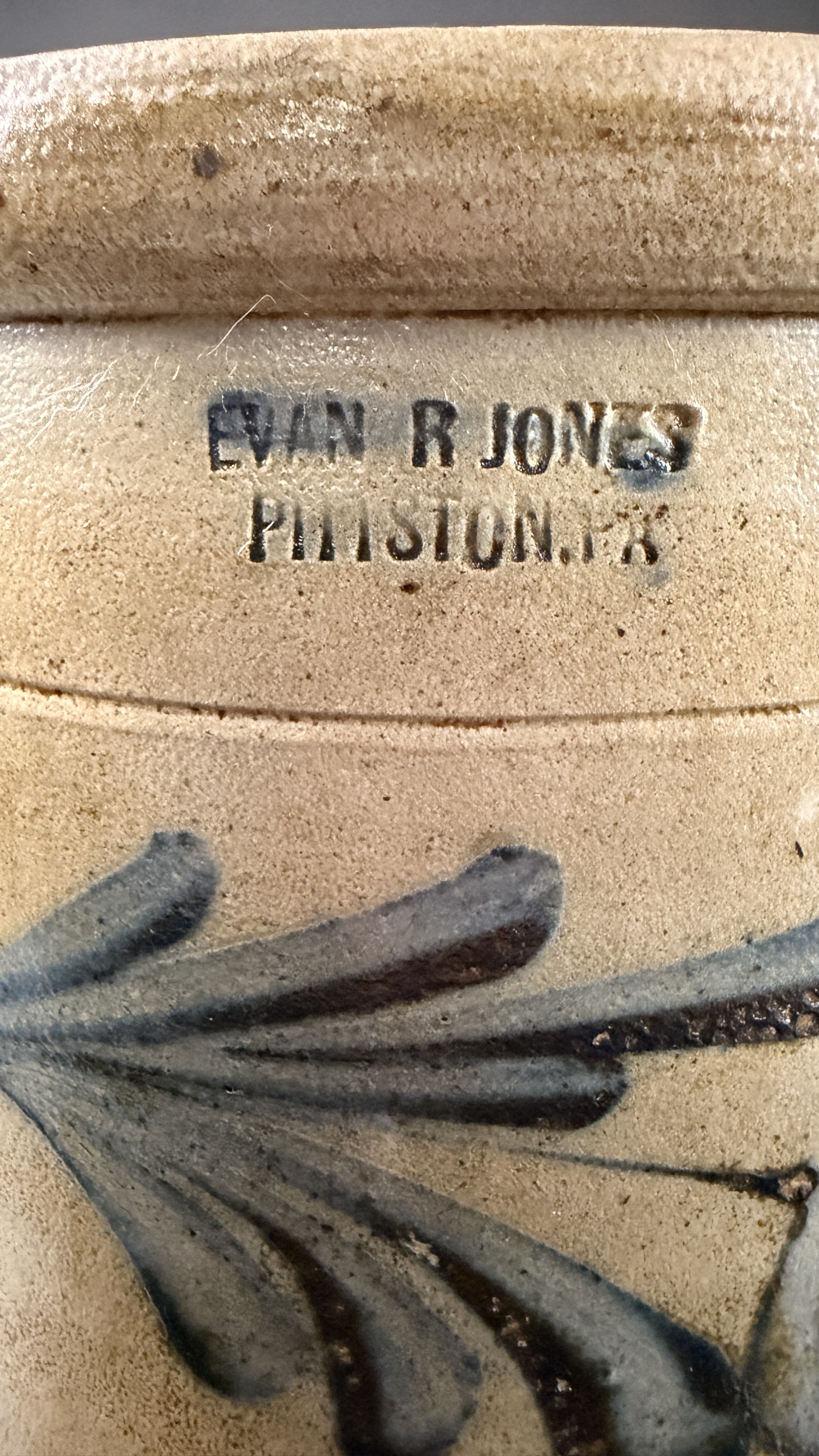 Evan R. Jones Pittston, PA Cobalt-Decorated Salt-Glazed Stoneware Cake Crock