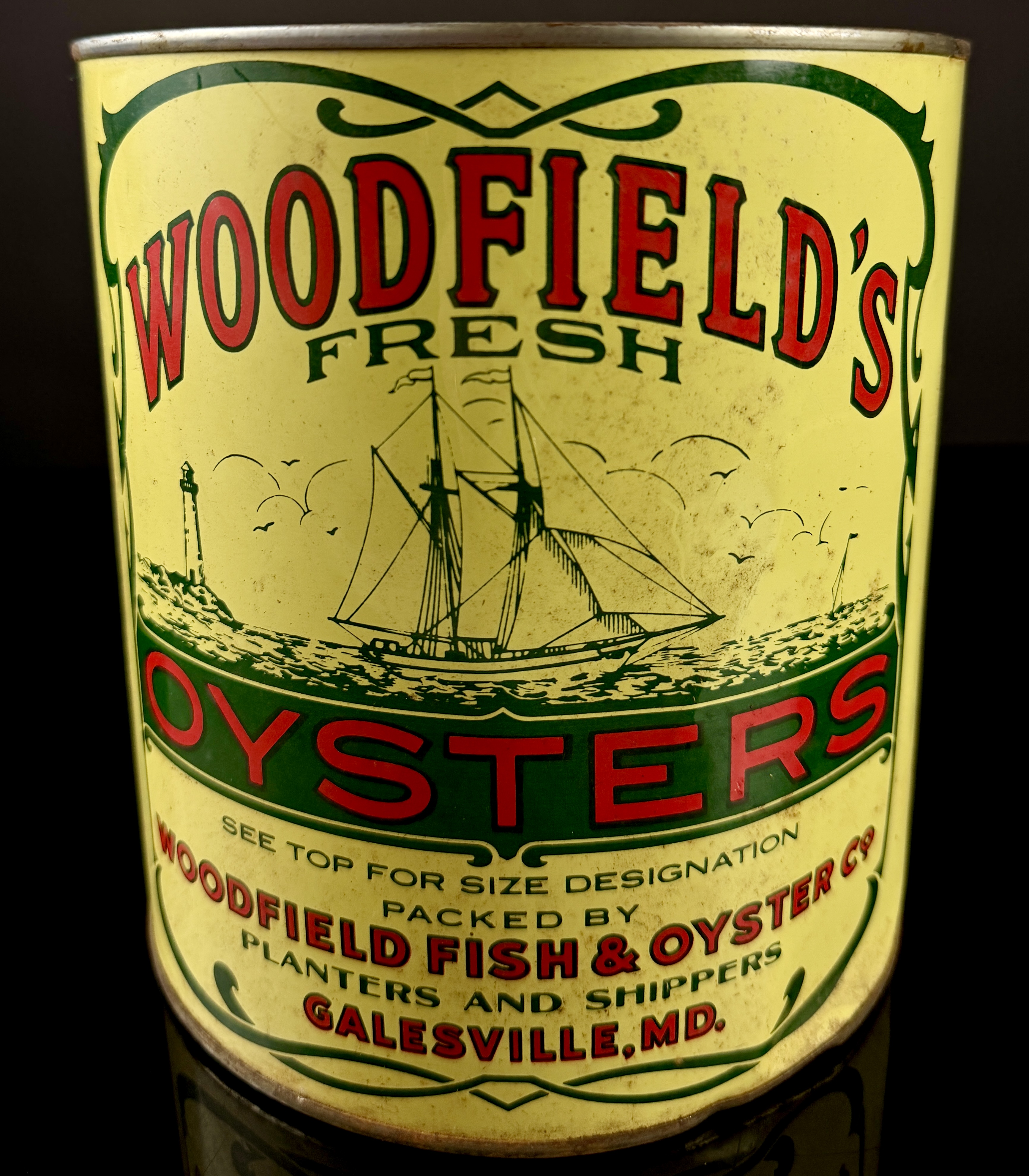 Vintage Woodfield's Fresh Oysters 1-Gallon Lithographed Tin, Galesville, Maryland