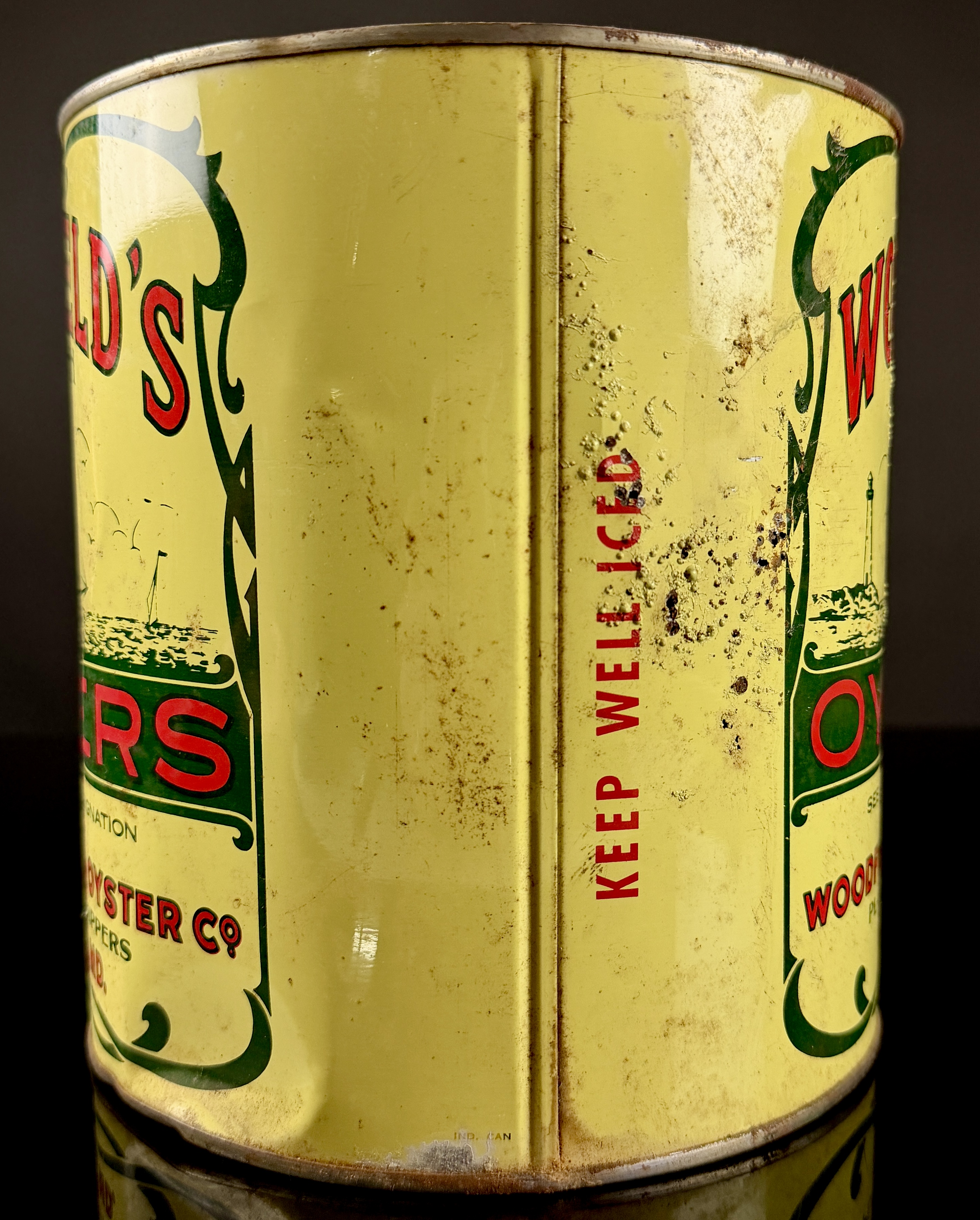 Vintage Woodfield's Fresh Oysters 1-Gallon Lithographed Tin, Galesville, Maryland