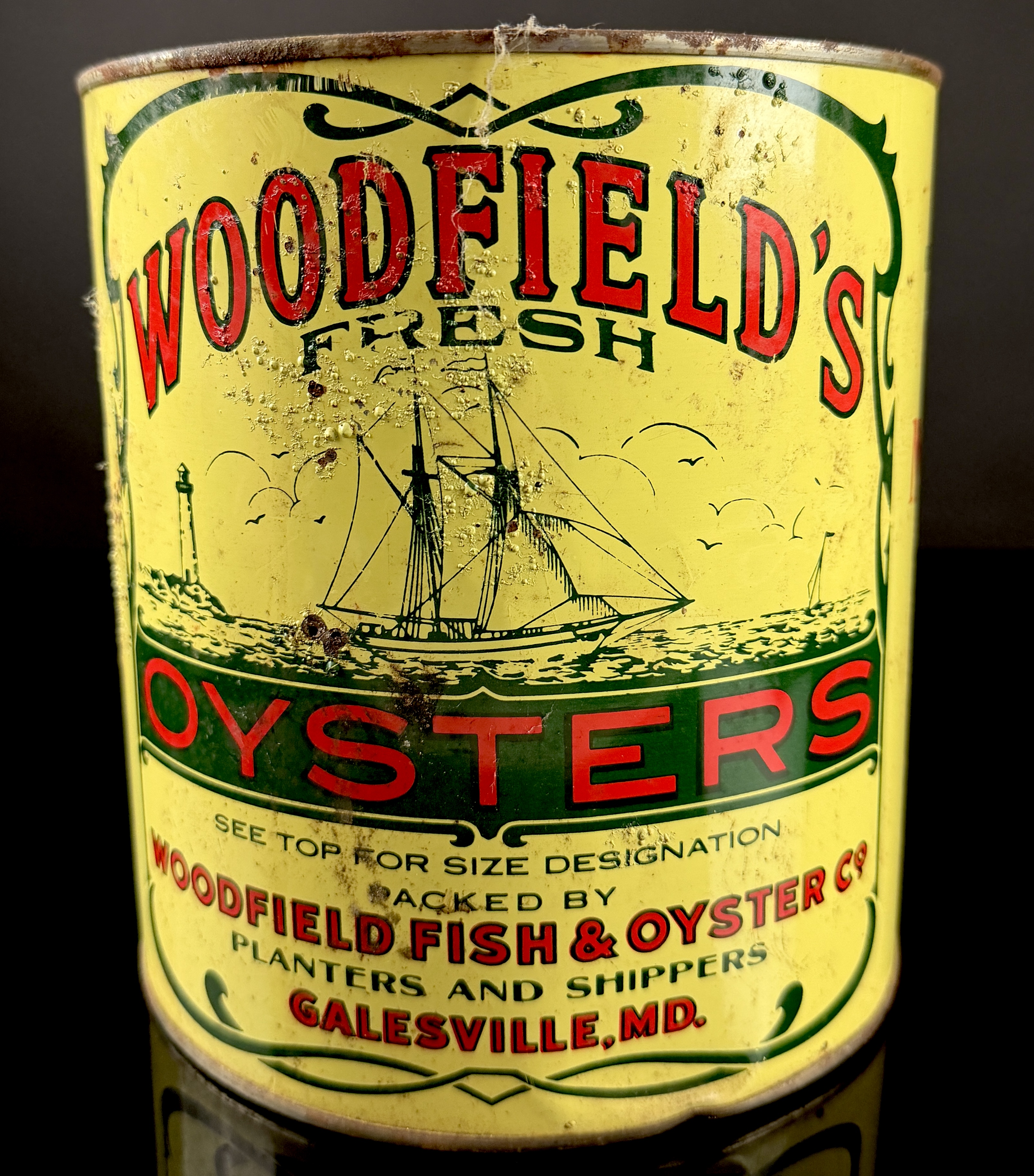 Vintage Woodfield's Fresh Oysters 1-Gallon Lithographed Tin, Galesville, Maryland