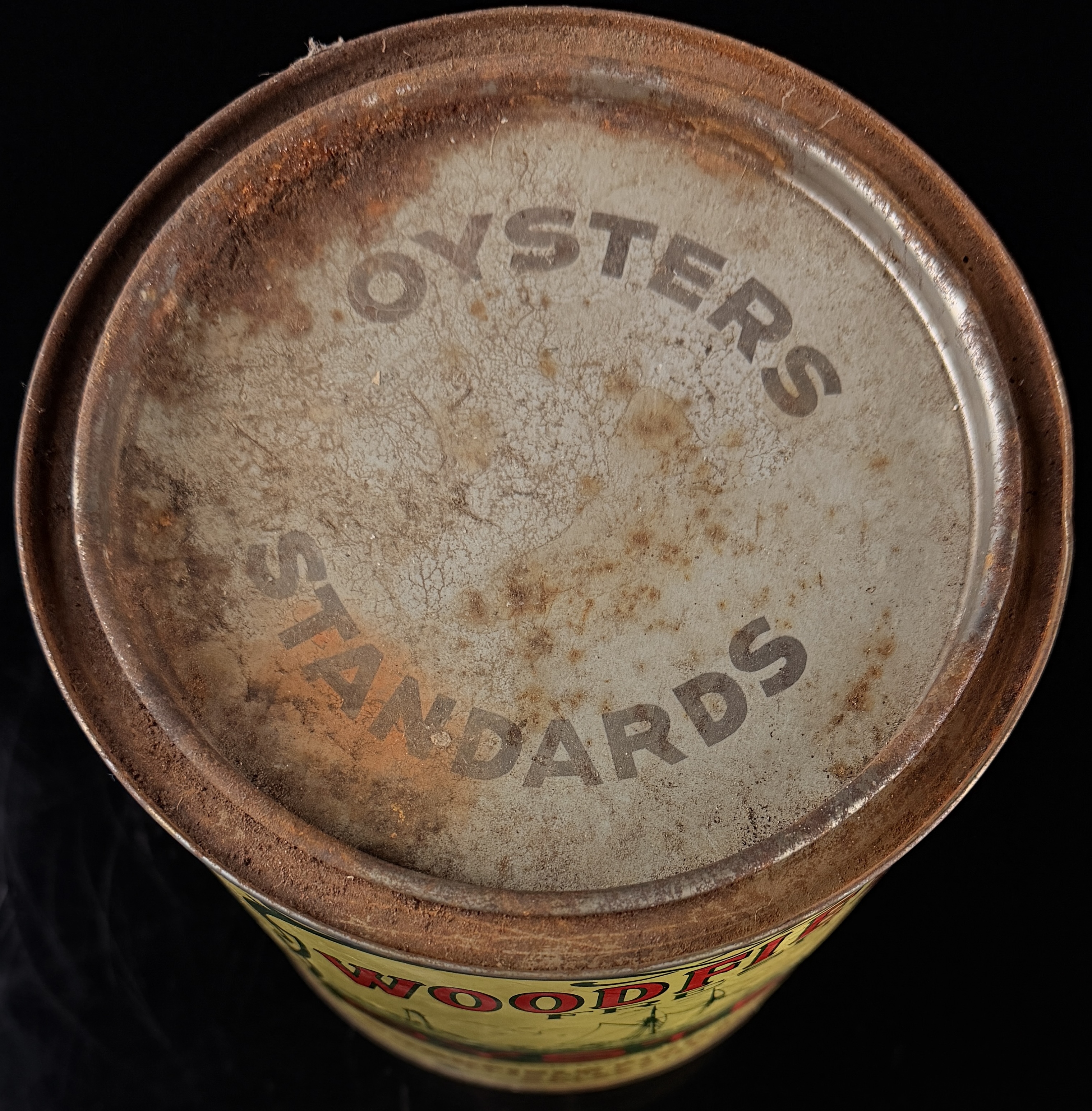 Vintage Woodfield's Fresh Oysters 1-Gallon Lithographed Tin, Galesville, Maryland