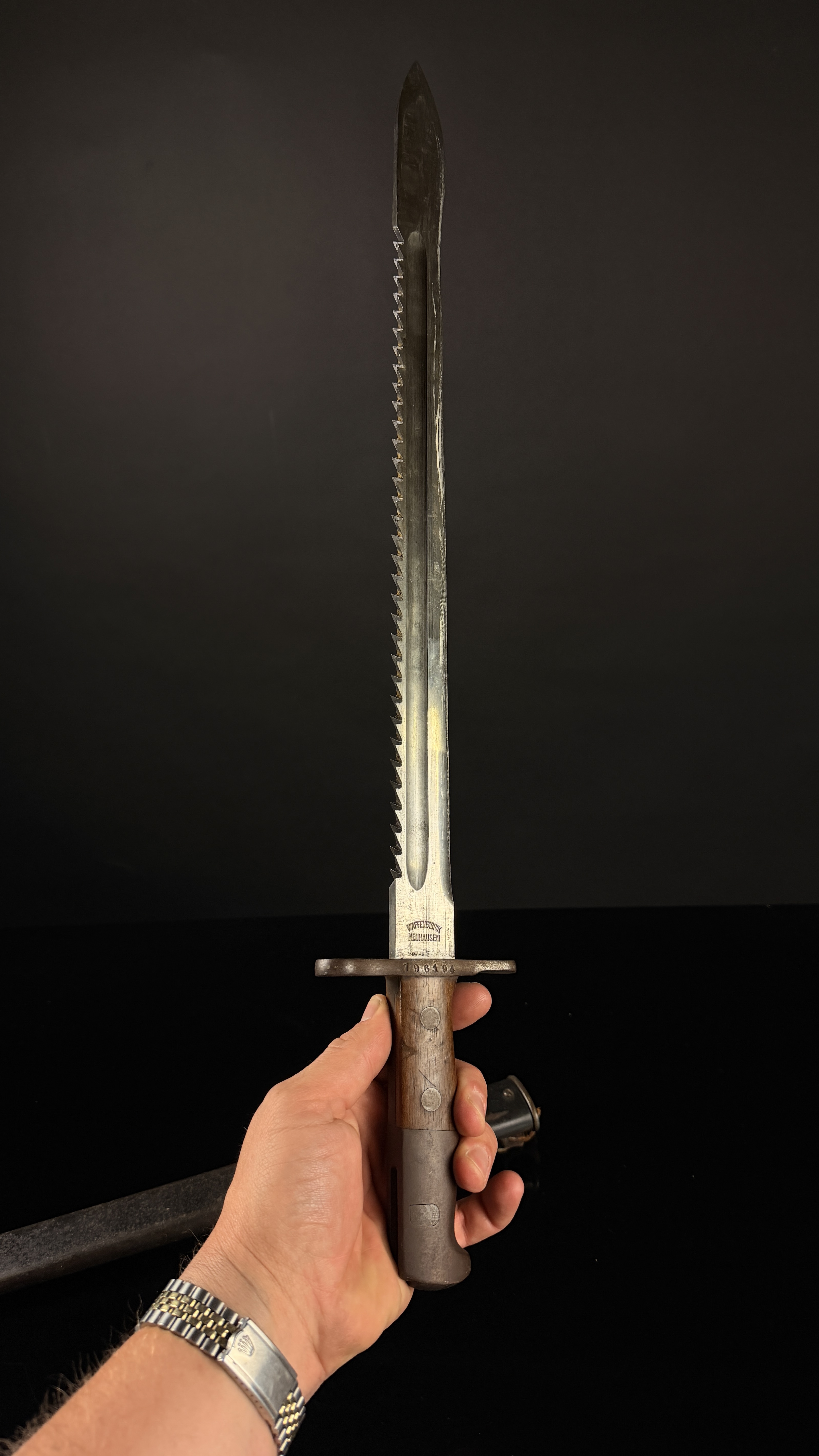 Swiss Model 1914 Pioneer Sawback Bayonet by Waffenfabrik Neuhausen with Scabbard
