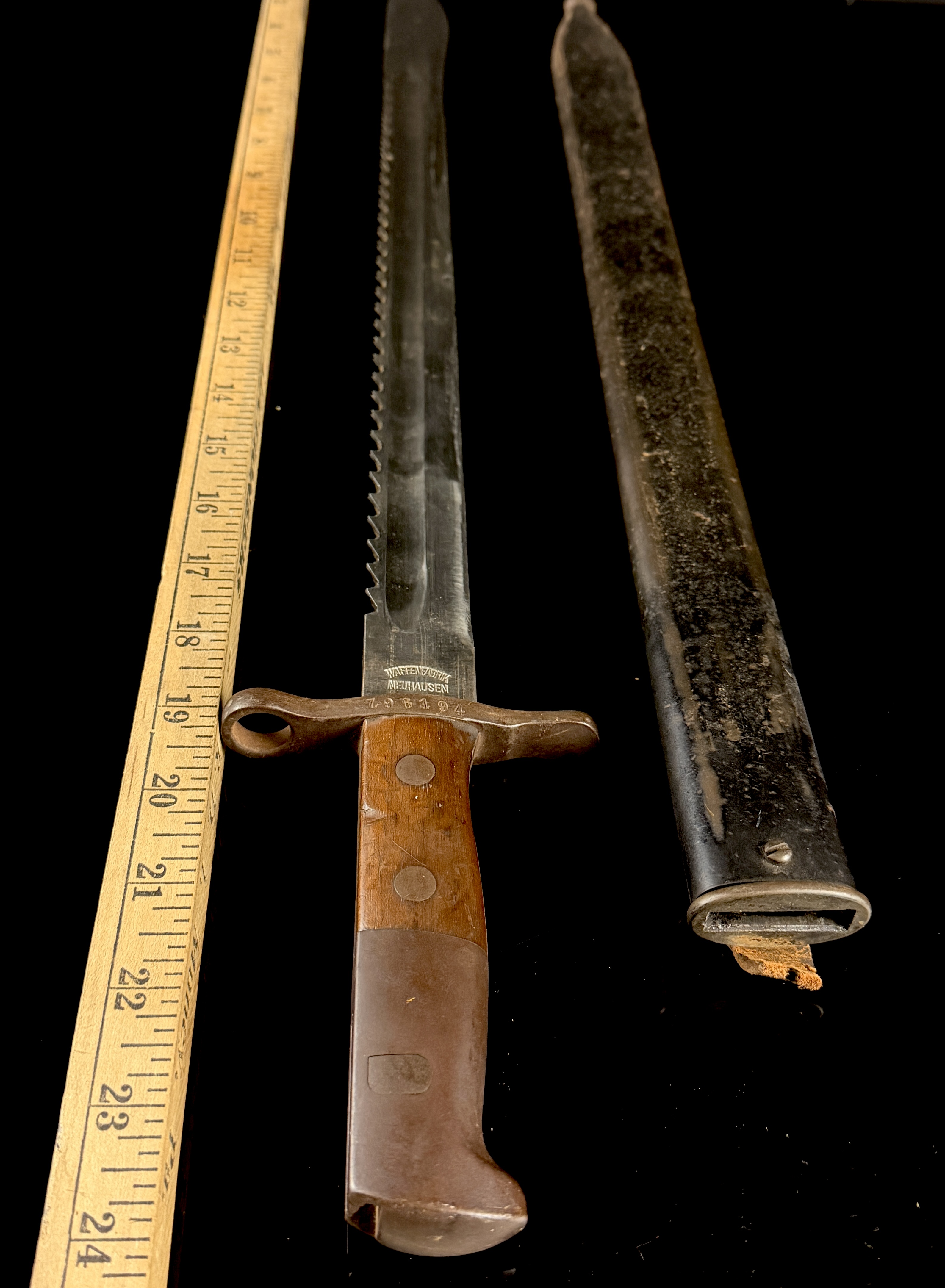 Swiss Model 1914 Pioneer Sawback Bayonet by Waffenfabrik Neuhausen with Scabbard