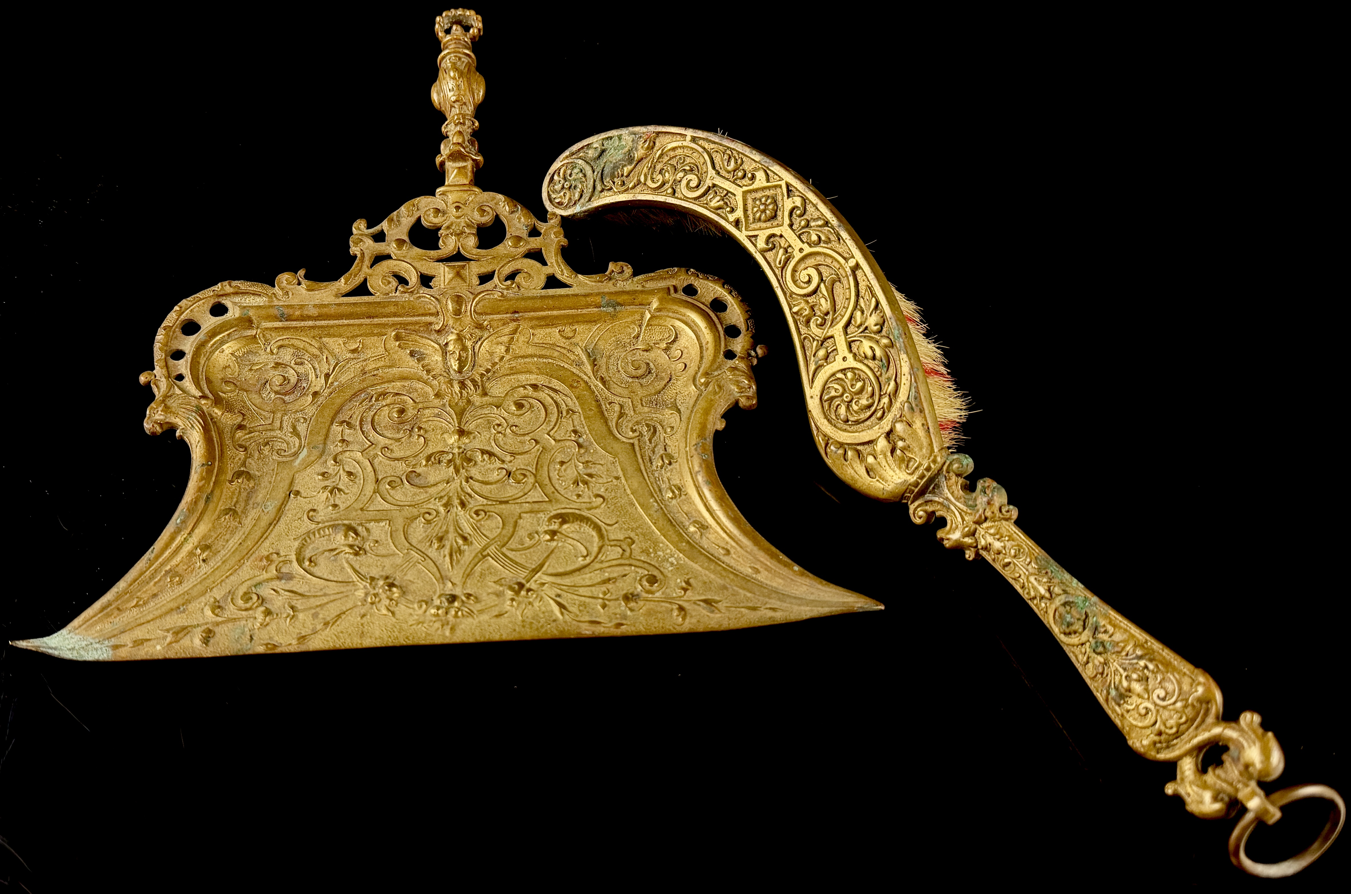 Victorian Era Neo-Renaissance Style Cast Brass Crumb Tray and Matching Brush Set