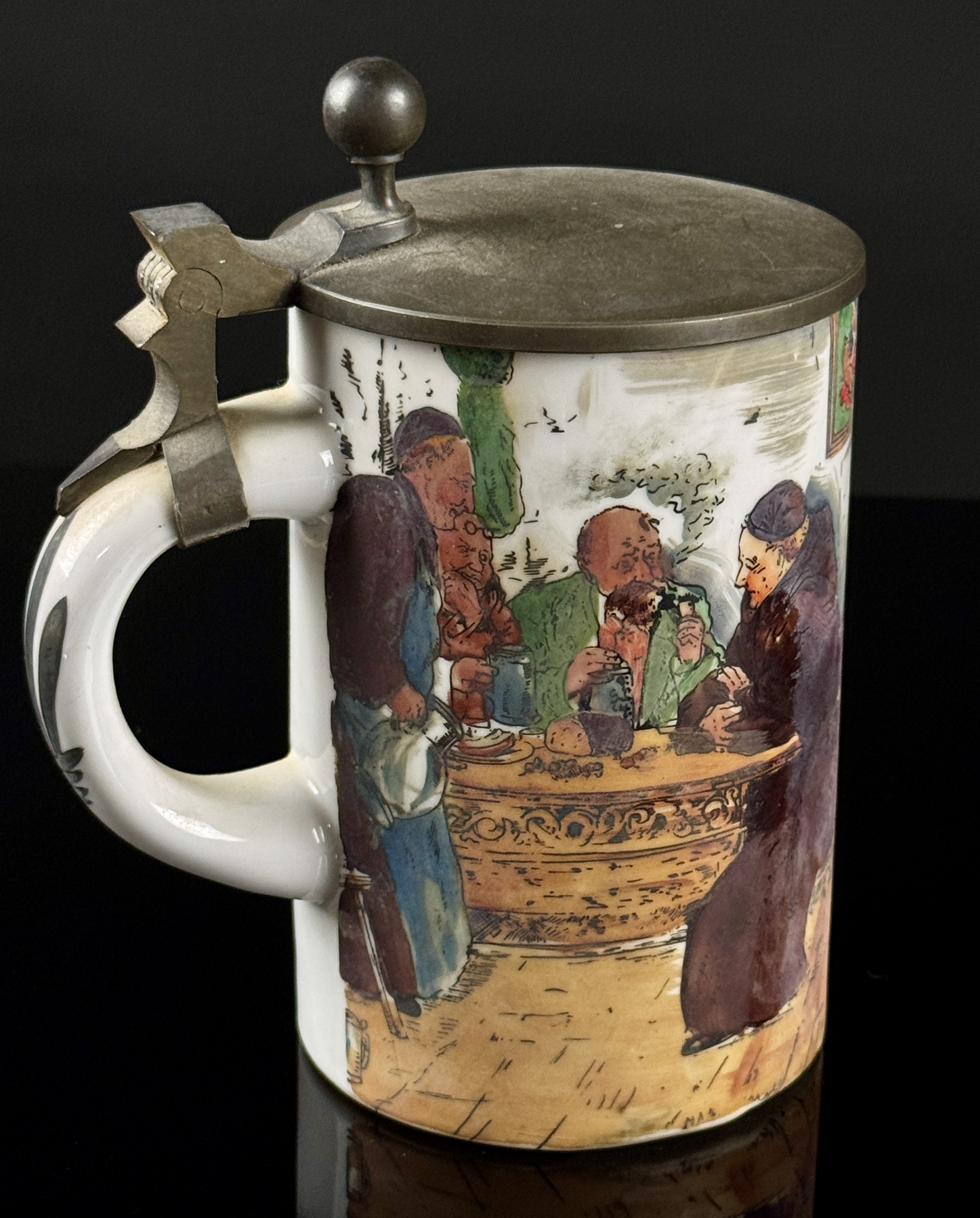Lidded Beer Stein with Hand Painted Monk Tavern Scene