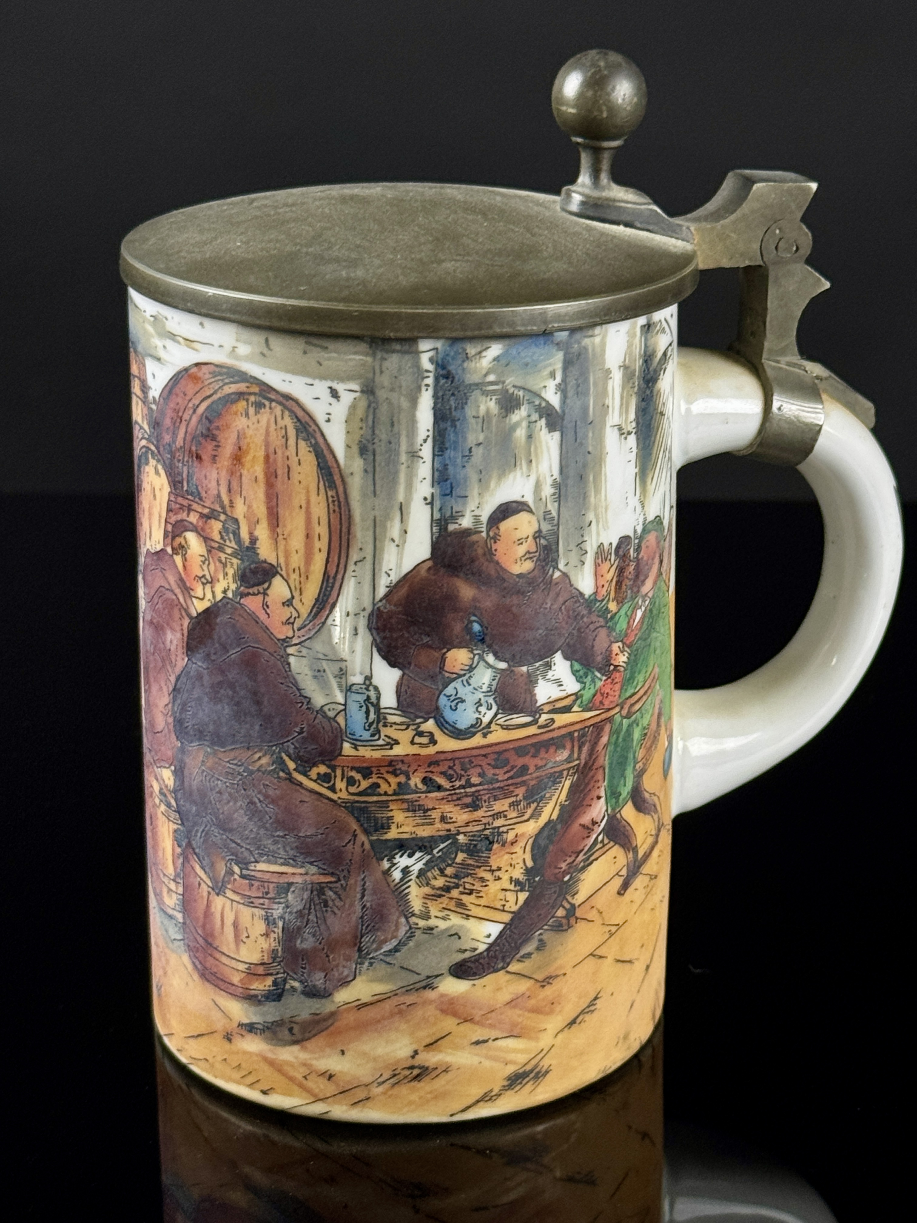 Lidded Beer Stein with Hand Painted Monk Tavern Scene