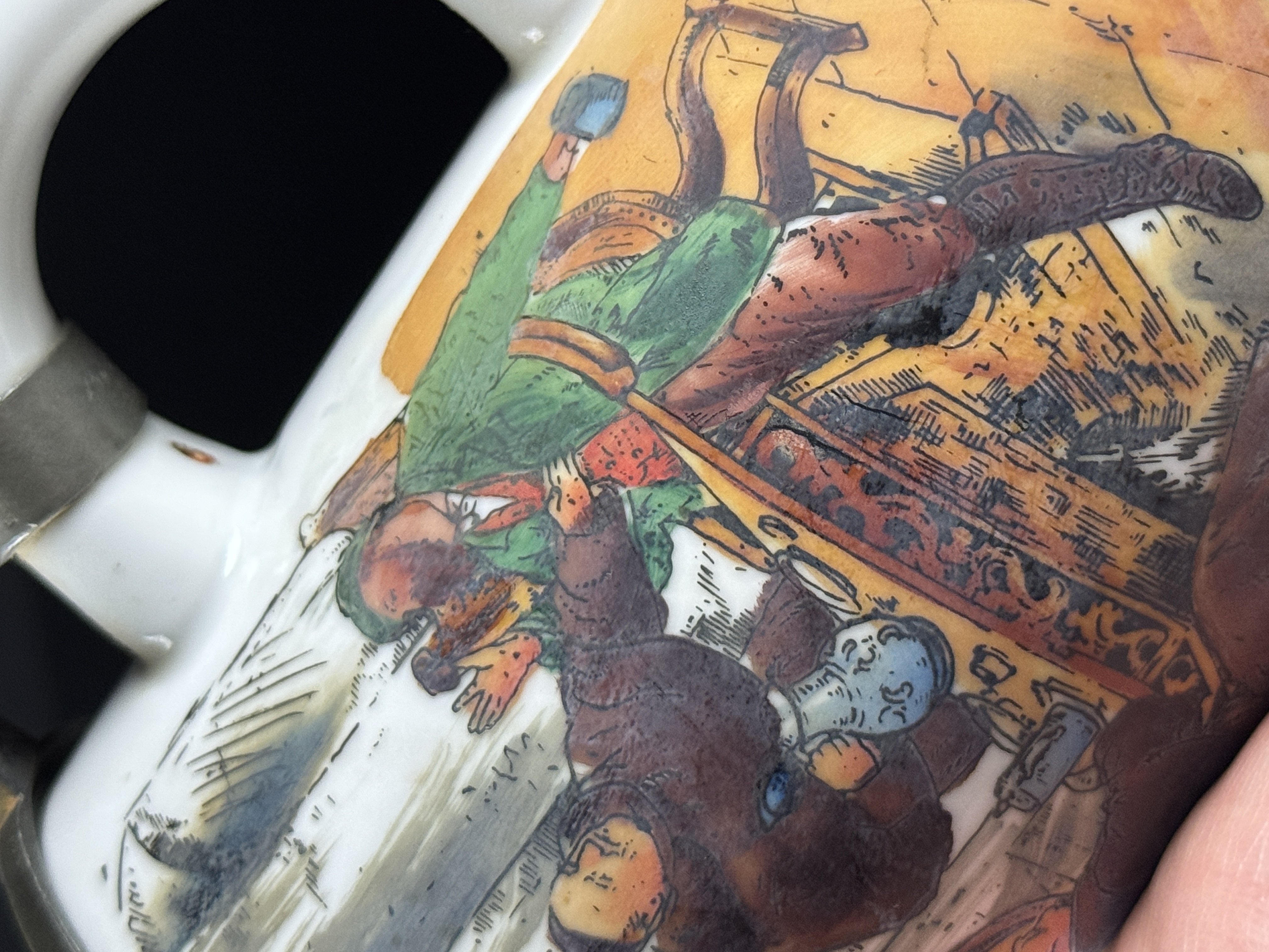 Lidded Beer Stein with Hand Painted Monk Tavern Scene
