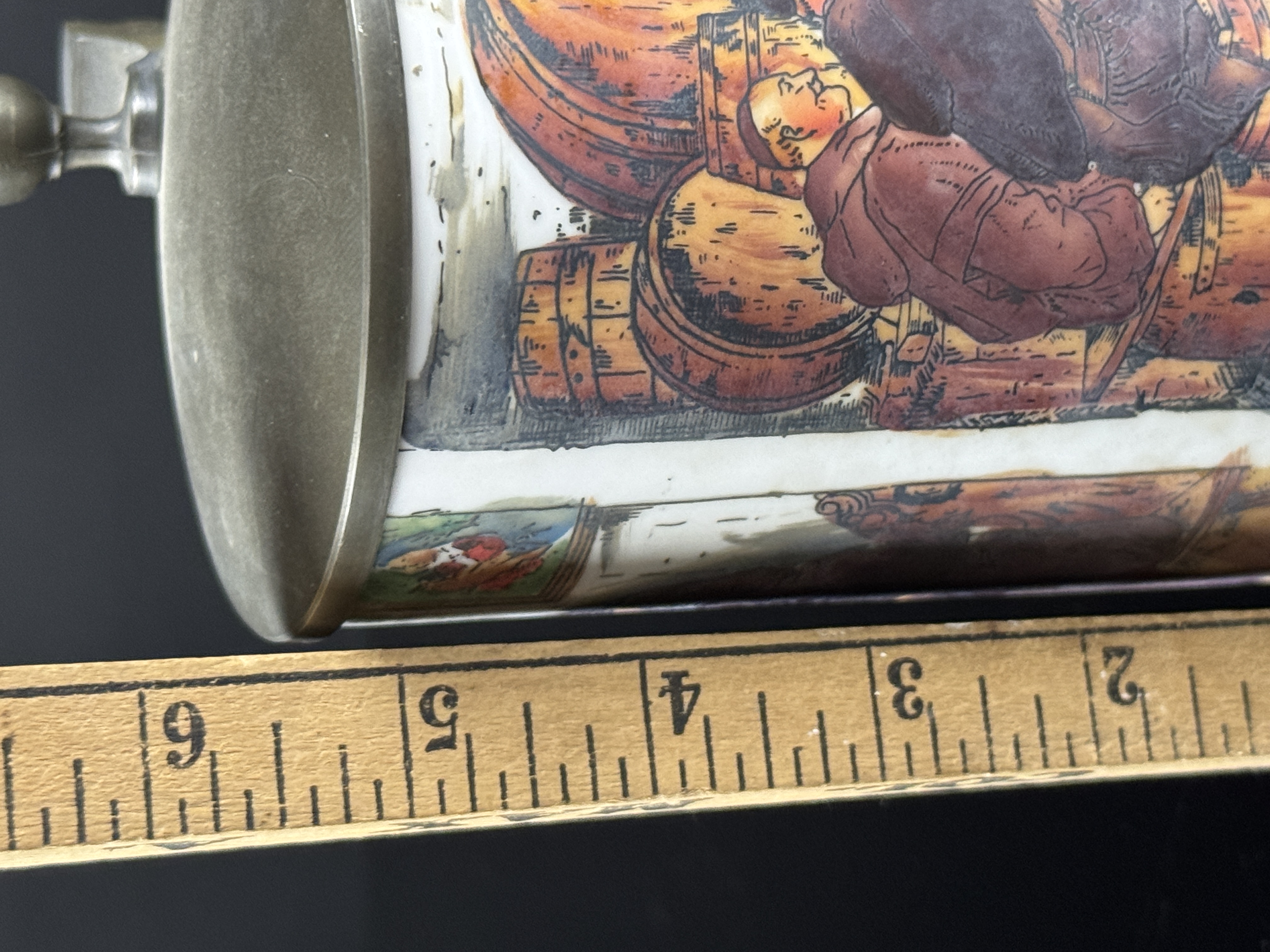 Lidded Beer Stein with Hand Painted Monk Tavern Scene