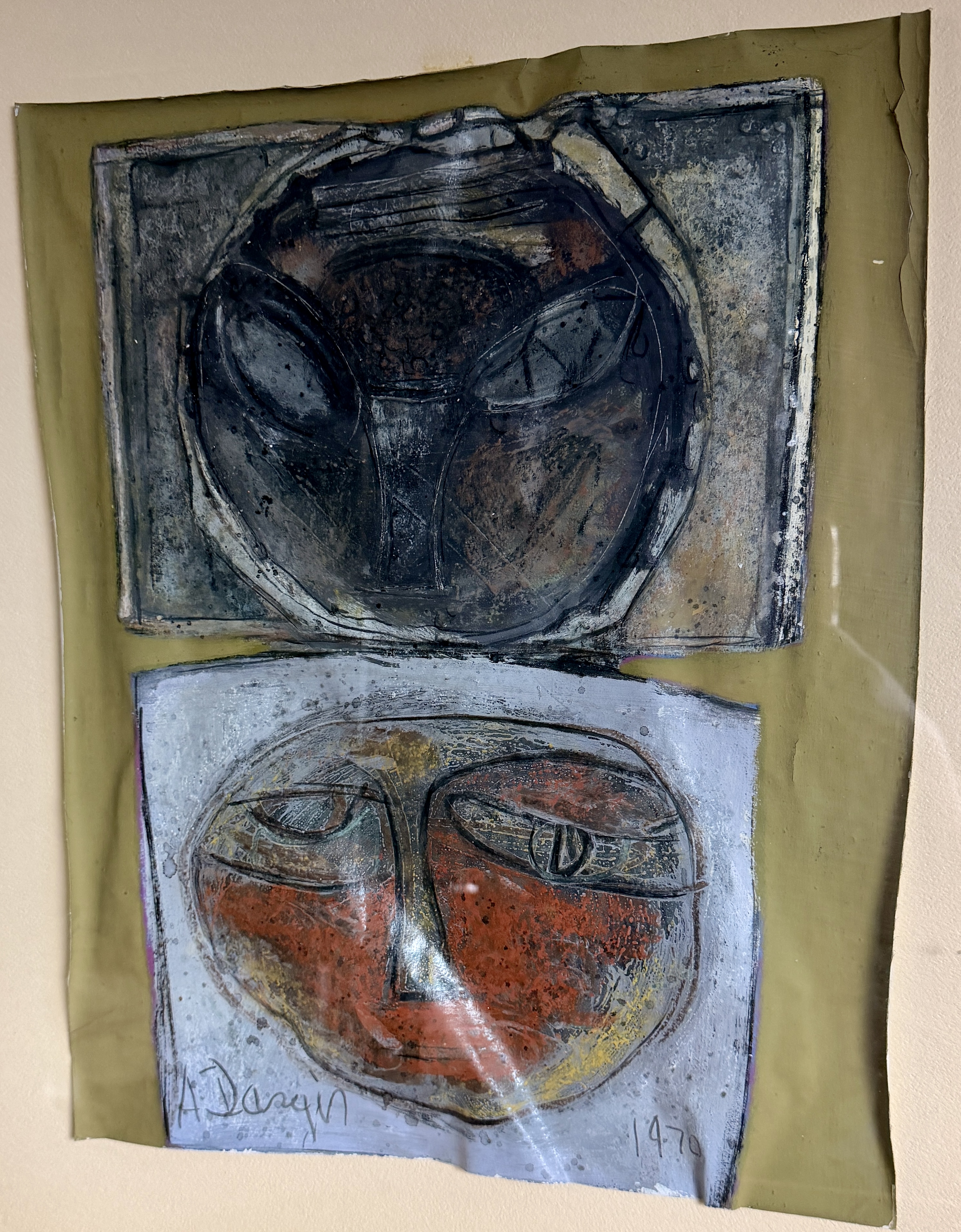 Alfonsas Dargis Framed Mixed Media Abstract Faces Dated 1970