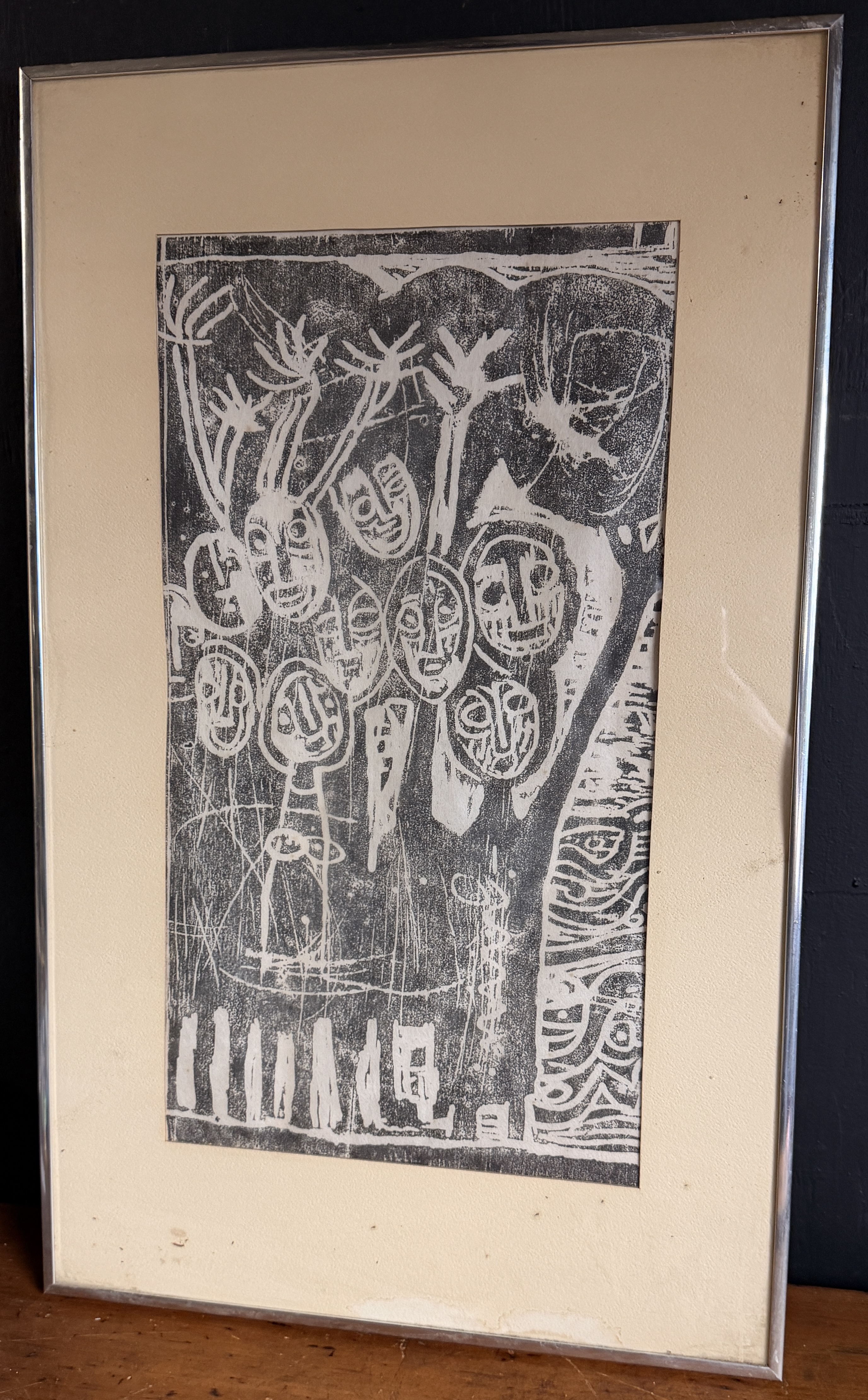 Modernist Abstract Expressionist Style Relief Print of Stylized Faces