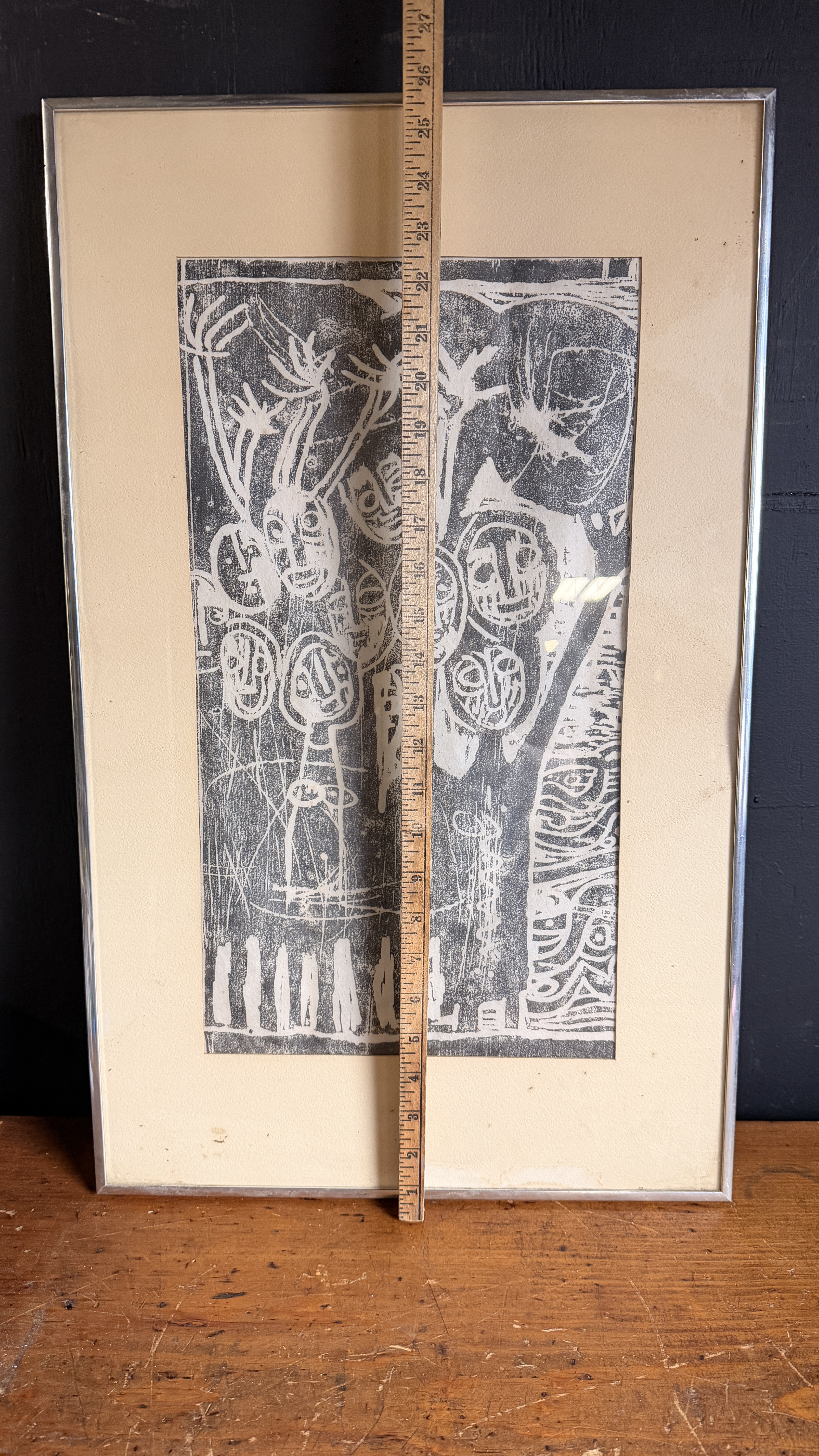 Modernist Abstract Expressionist Style Relief Print of Stylized Faces