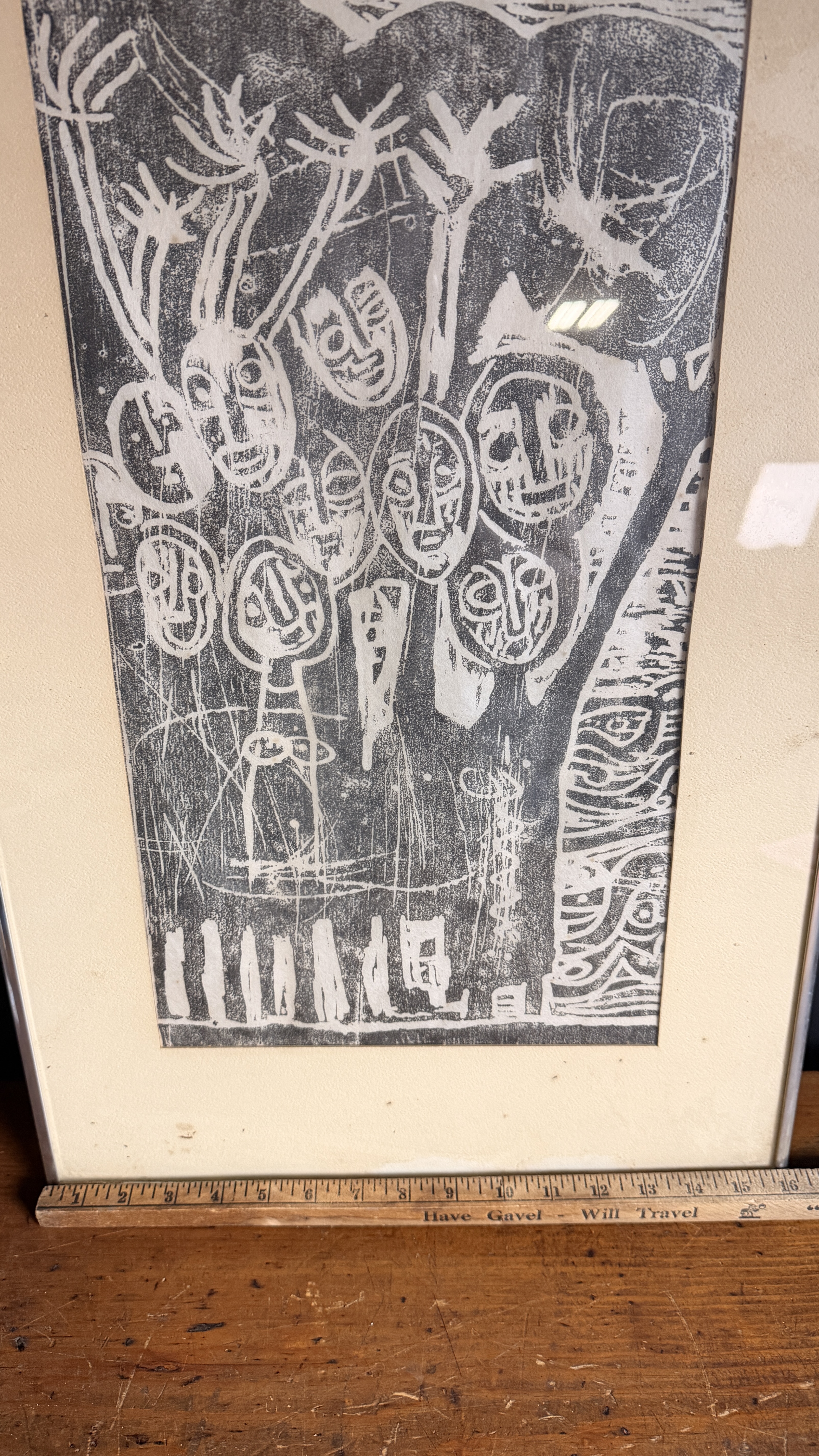 Modernist Abstract Expressionist Style Relief Print of Stylized Faces