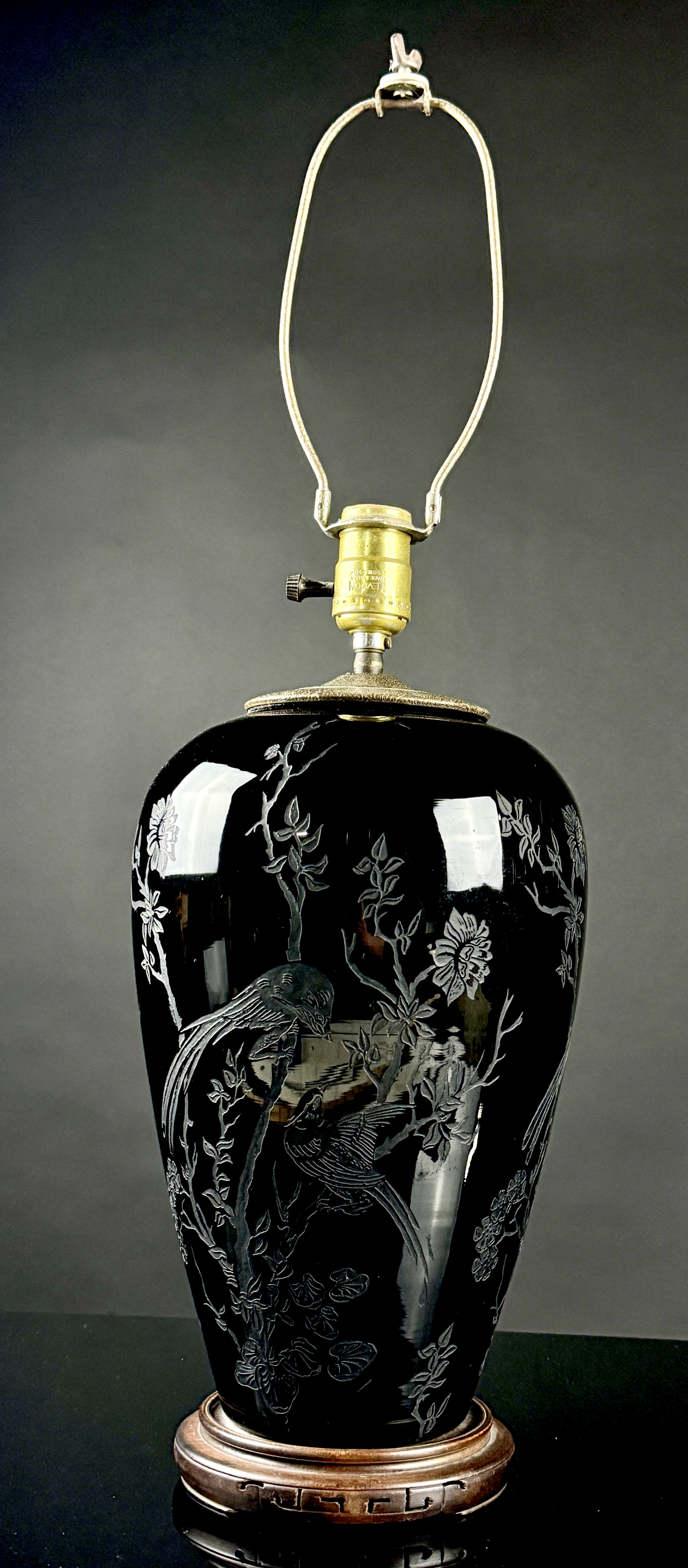 Steuben Acid Etched Black Glass Table Lamp with Chinoiserie Bird Motif