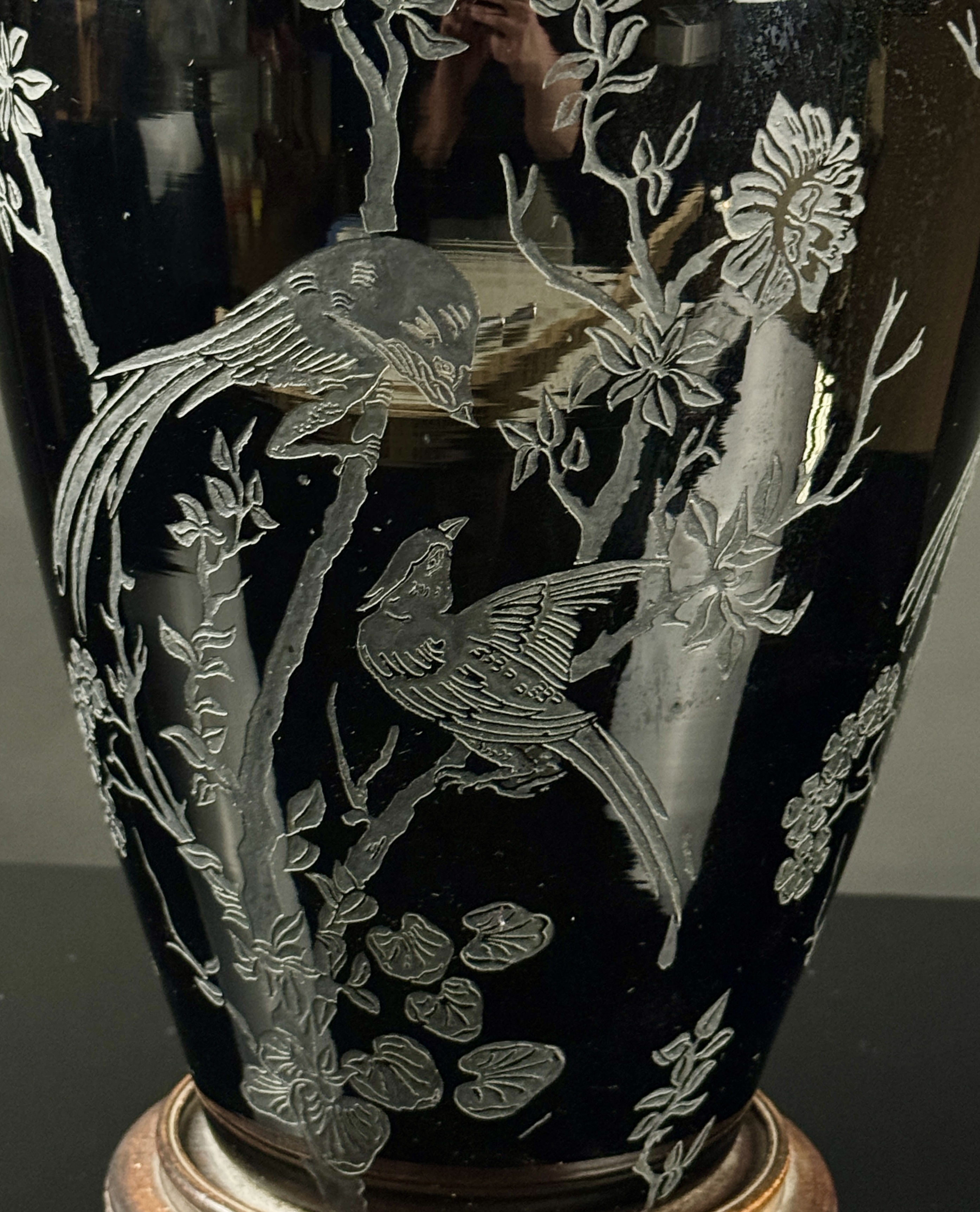 Steuben Acid Etched Black Glass Table Lamp with Chinoiserie Bird Motif