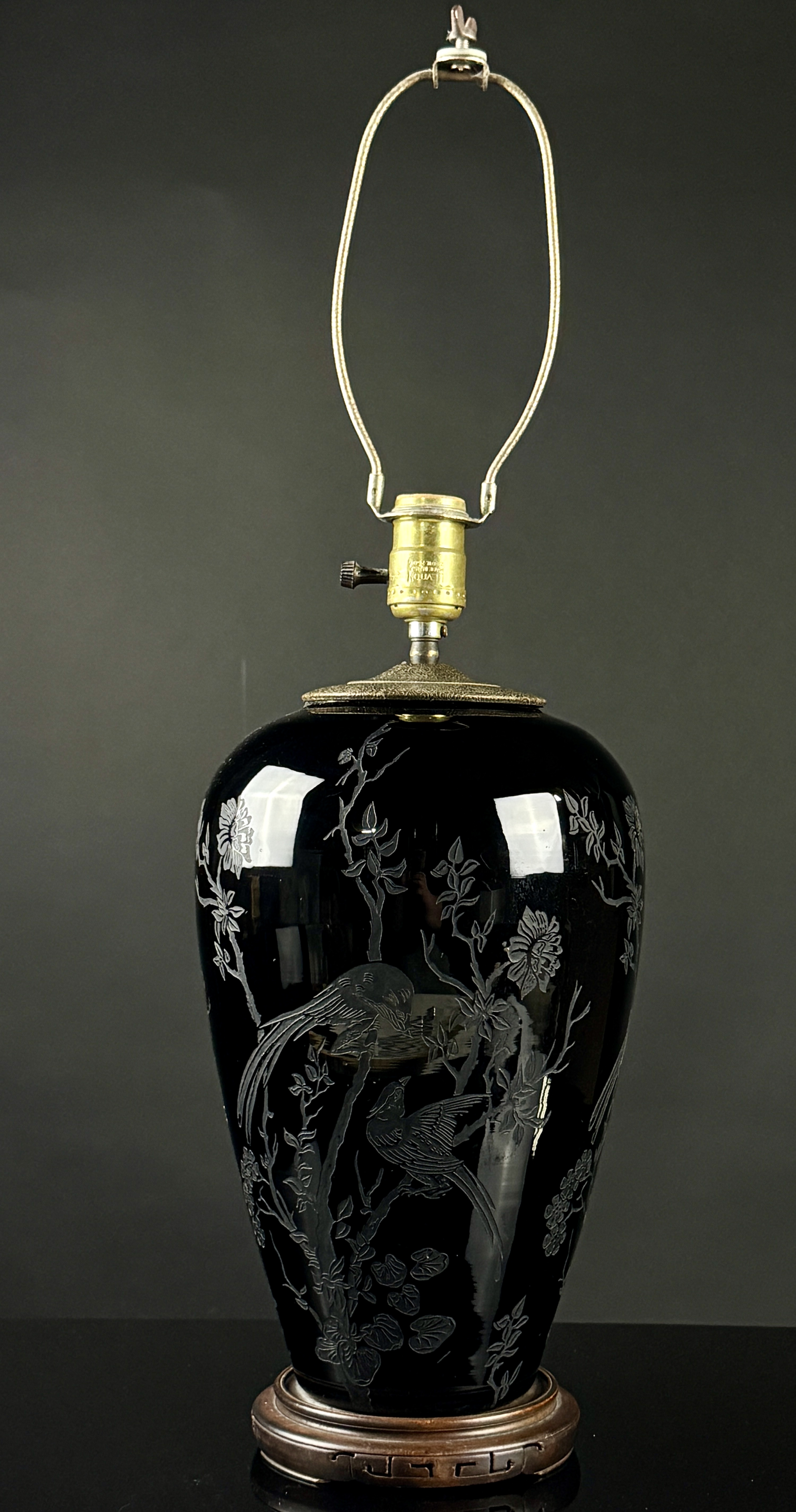 Steuben Acid Etched Black Glass Table Lamp with Chinoiserie Bird Motif