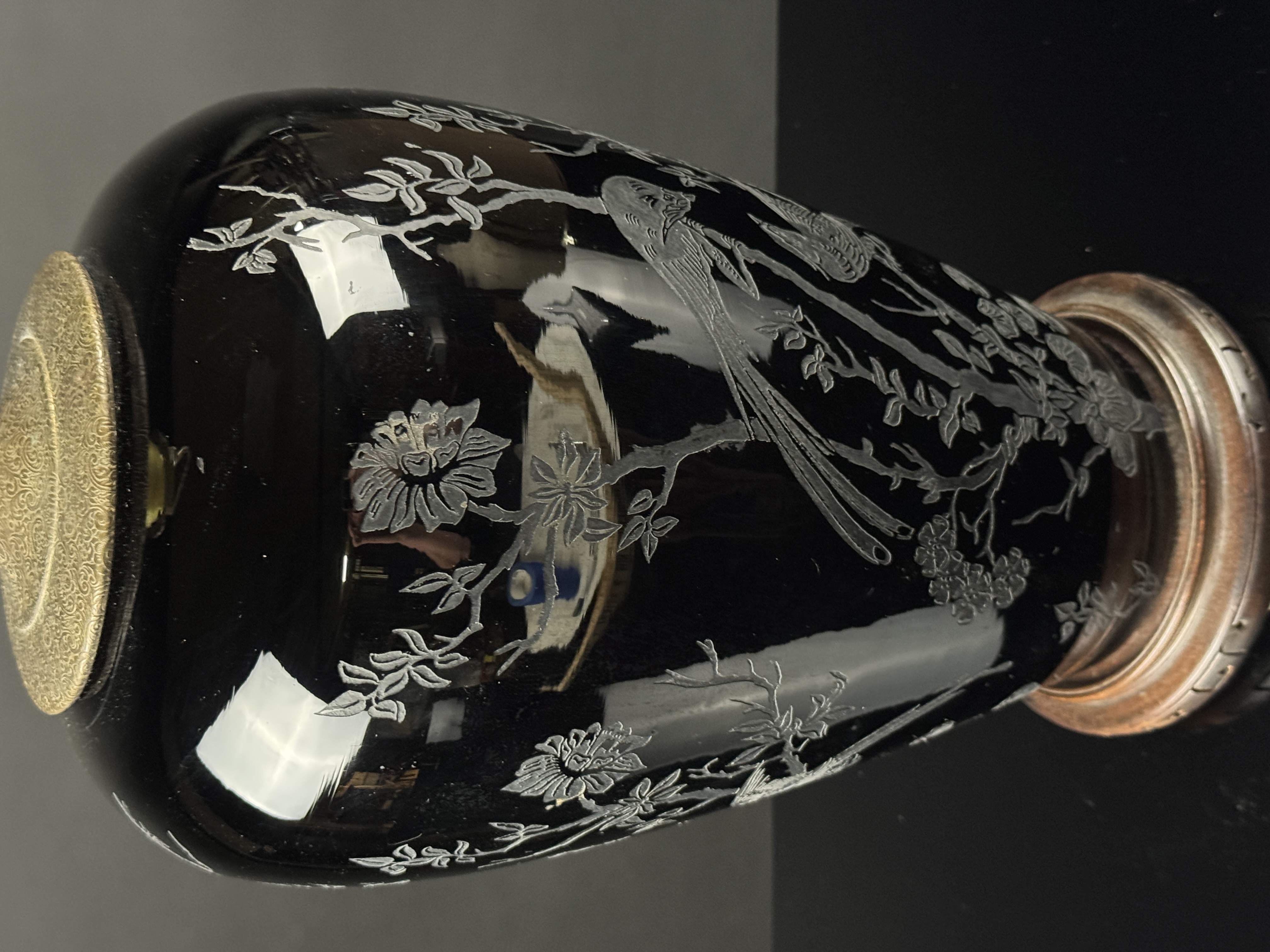 Steuben Acid Etched Black Glass Table Lamp with Chinoiserie Bird Motif